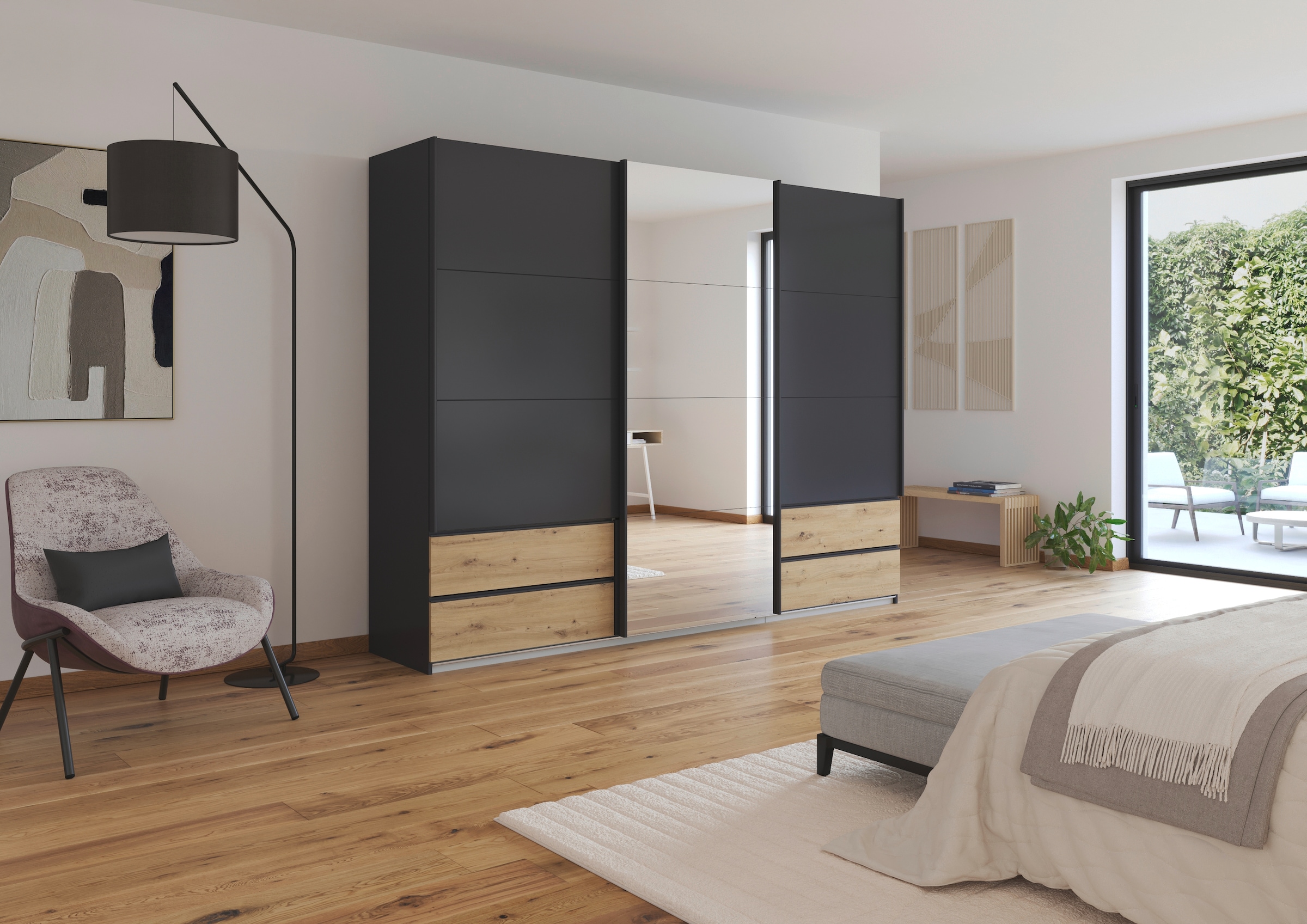 rauch Schwebetürenschrank »Kleiderschrank Schrank Garderobe Wäscheschrank ELARA mit Spiegel«, praktische Schubladen optional farblich abgesetzt MADE IN GERMANY