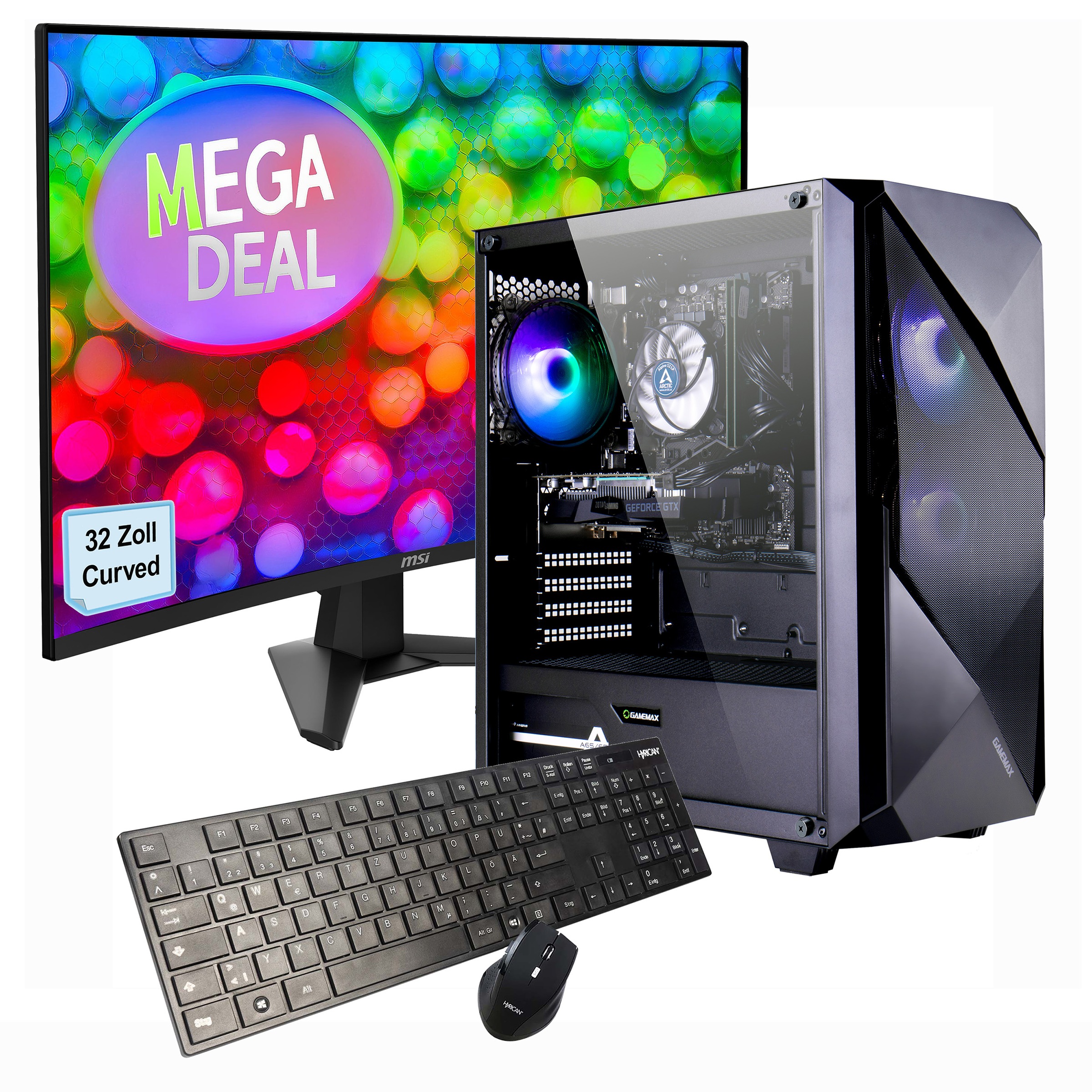 GAMEMAX PC-Komplettsystem »MegaDeal Striker SET02599«, (inkl. Maus & Tastatur), Windows 11 + MSI MAG 32C6 Curved Monitor, 80cm (32")