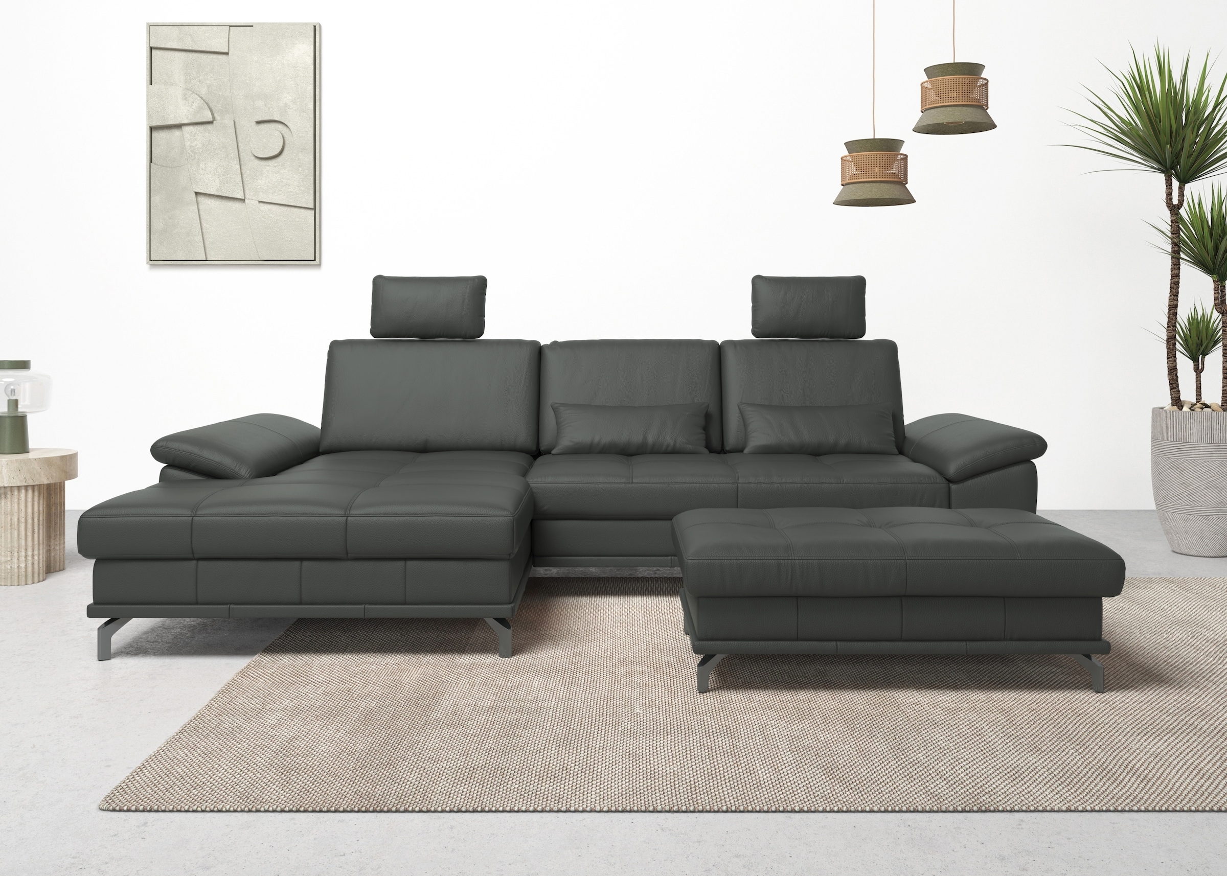 Ecksofa OTTO HOME "Costello L-Form, B: 301 cm mit Sitztiefen-, Armteilverstellung &", grau (anthrazit), B:301cm H:89cm T:176cm, Luxus-Microfaser (90% Polyester, 10% Polyamid);Samtoptik (100% Polyester), Sofas, Ecksofa, 3 Nierenkissen, optional Bettfunktio
