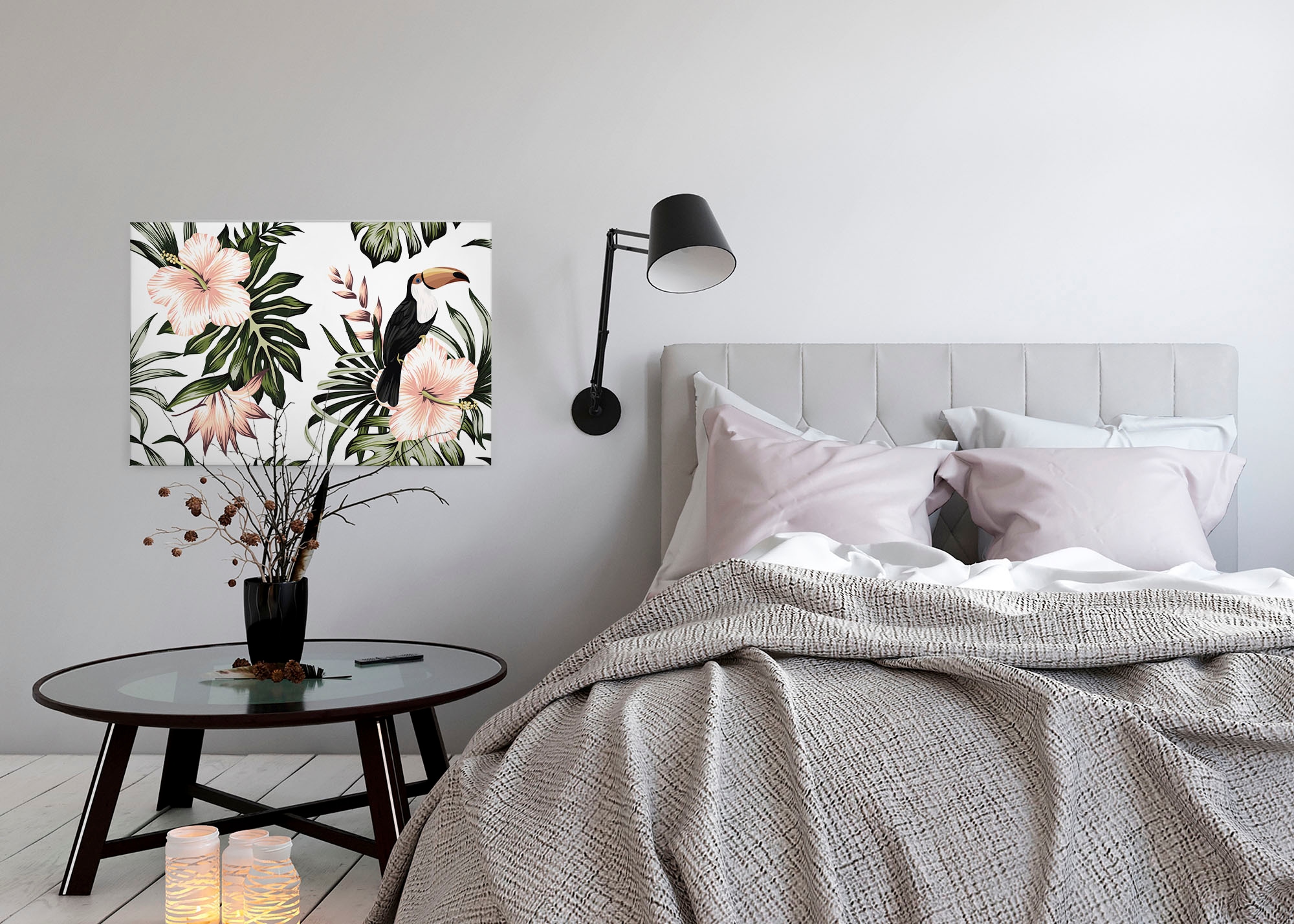 A.S. Création Leinwandbild »Toucan«, Kunst-Blumen-Kinder, (1 St.), Palmenblätter Hibiskus Dschungel Keilrahmen Leinwand-Bild Wohnzimmer