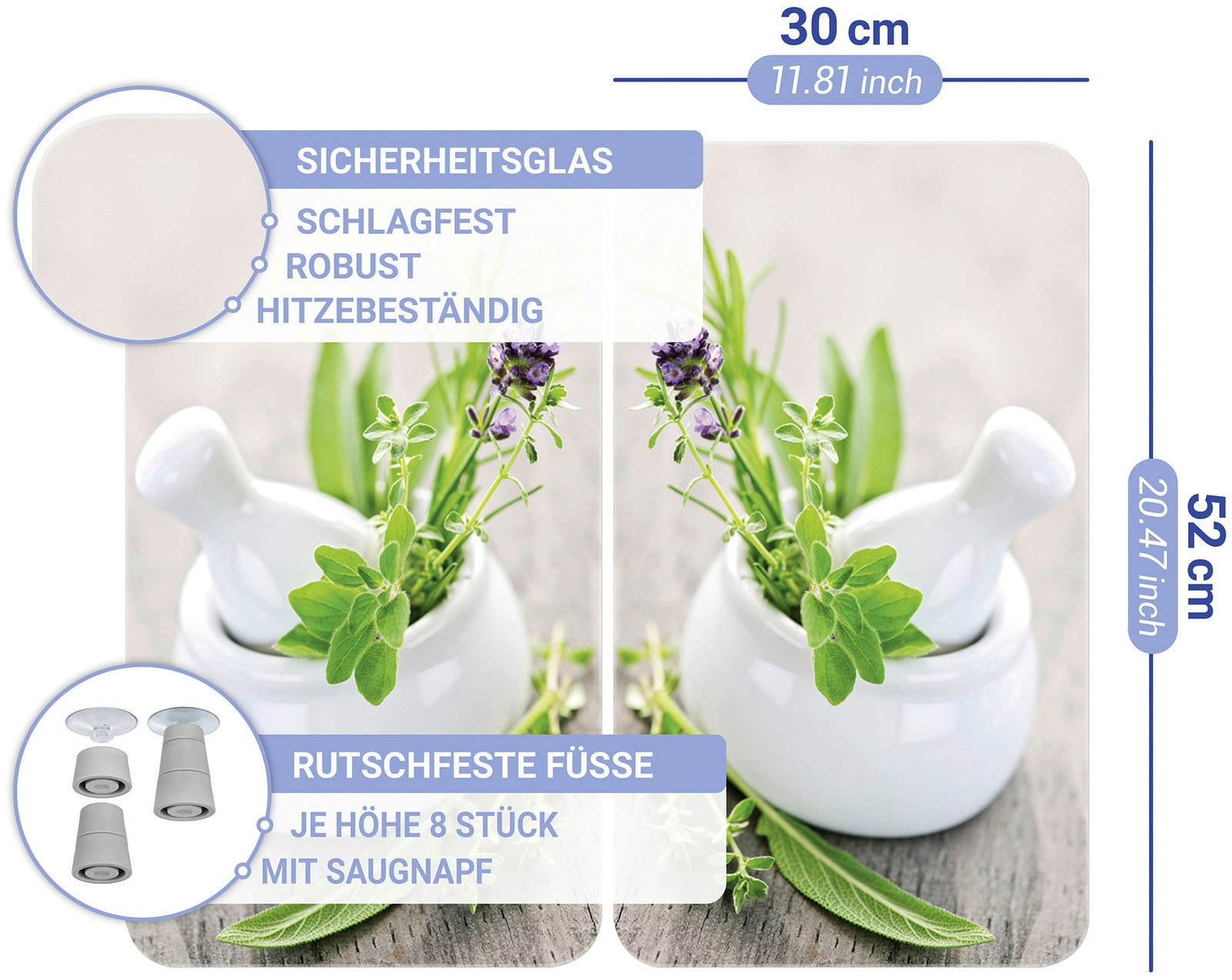 WENKO Herd-Abdeckplatte »Universal Modell Kräutergarten«, (Set, 2 tlg.), Herdabdeckung für alle Herdarten, kratzfest, mit rutschfesten Füßen