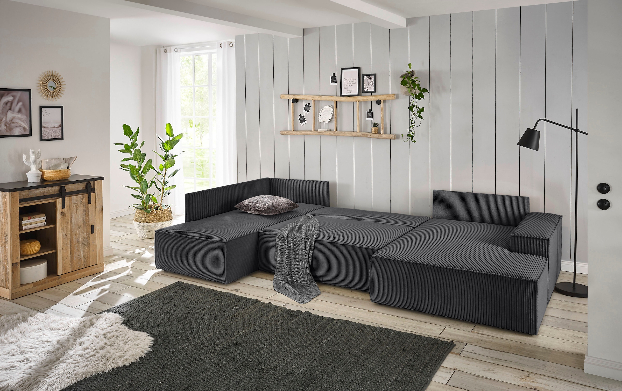 Home affaire Wohnlandschaft »SHERWOOD  329 cm, U-Form, Schlafsofa,« Schlaffunktion m. Bettkasten (194x139 cm), Cord, Vintage, Samtvelours