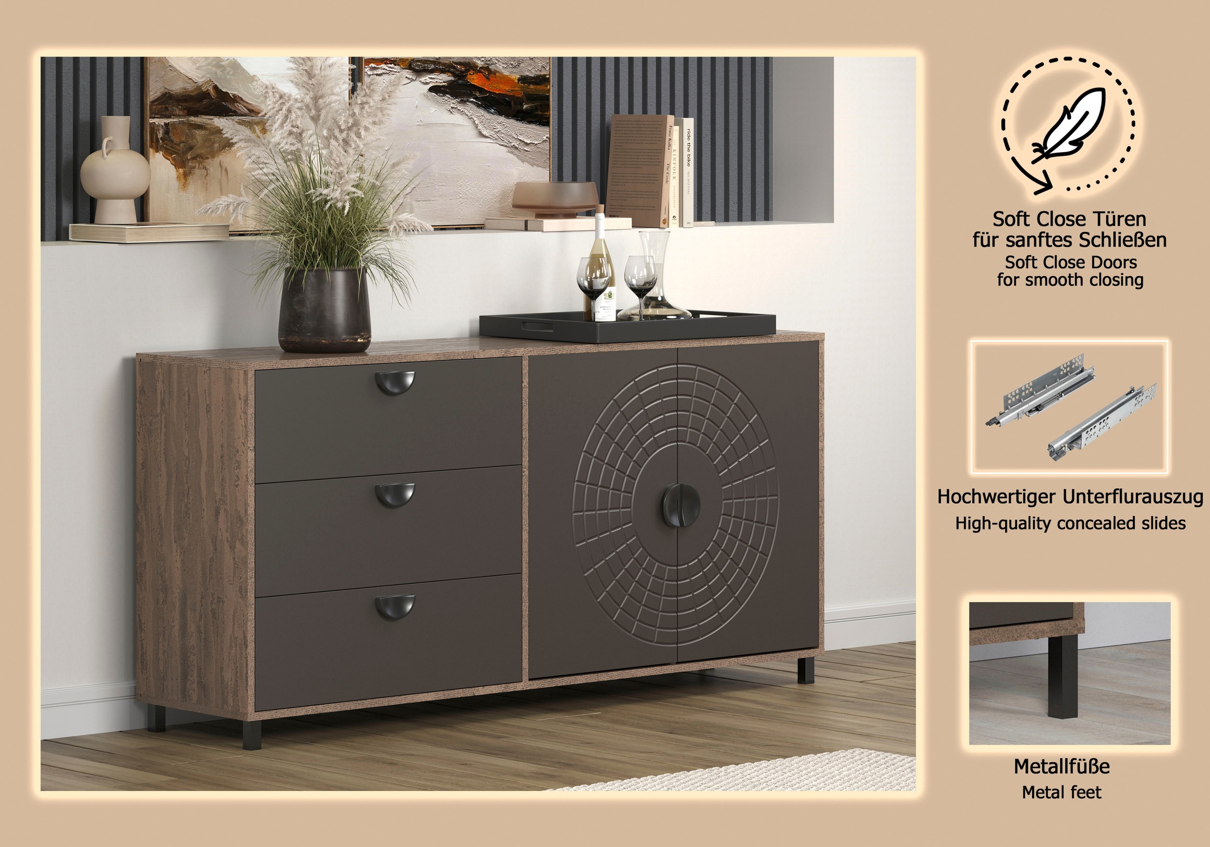 Home affaire Sideboard »Fusion« 1 Stk. tlg. Kommode mit markantem Kreismuster - Antikoptik - (B/T/H) 176/42/86 cm