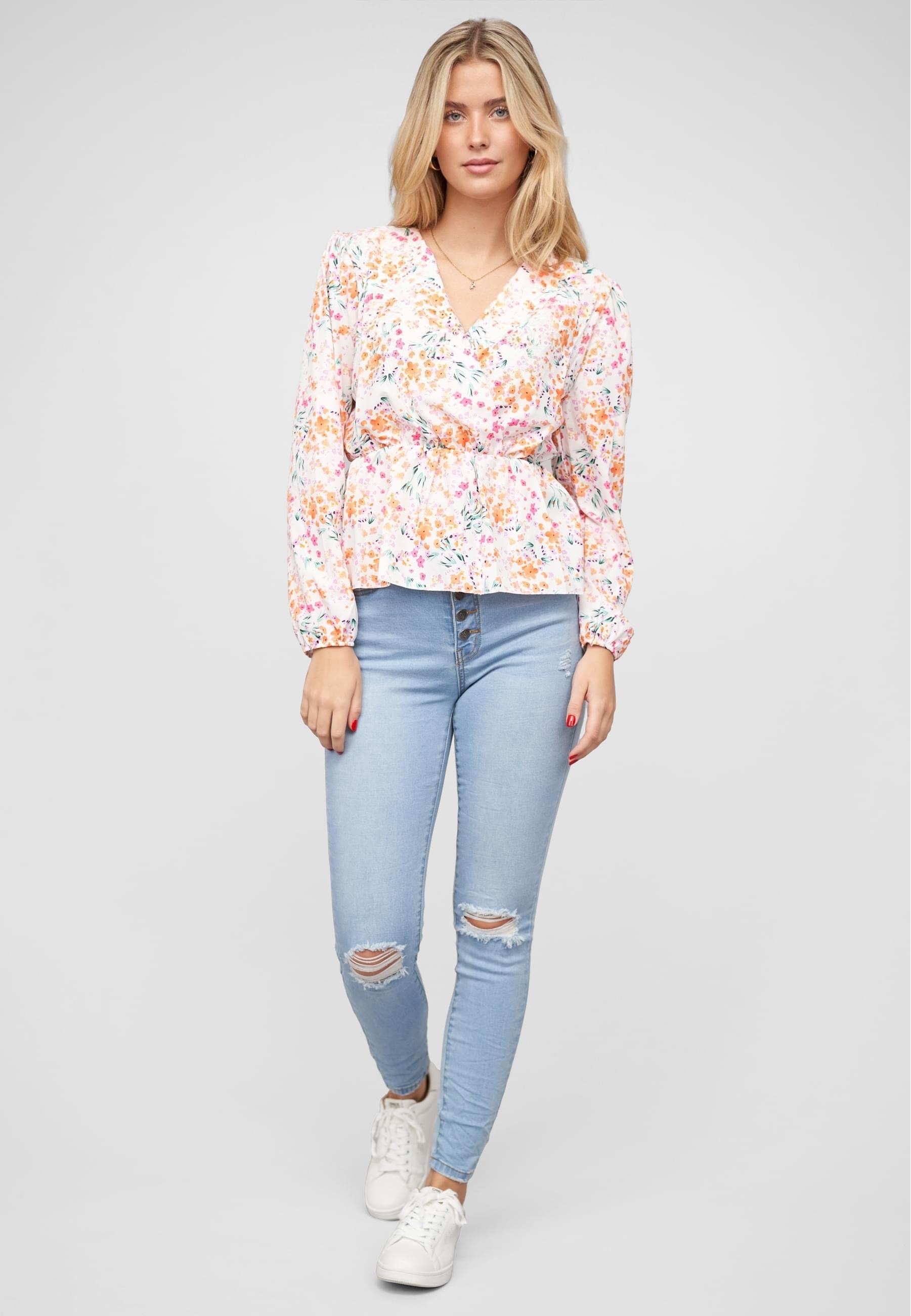 CLOUD 5IVE Klassische Bluse »CLOUD 5IVE V-Neck Schößchenbluse m. Blumen Print in Wickeloptik«