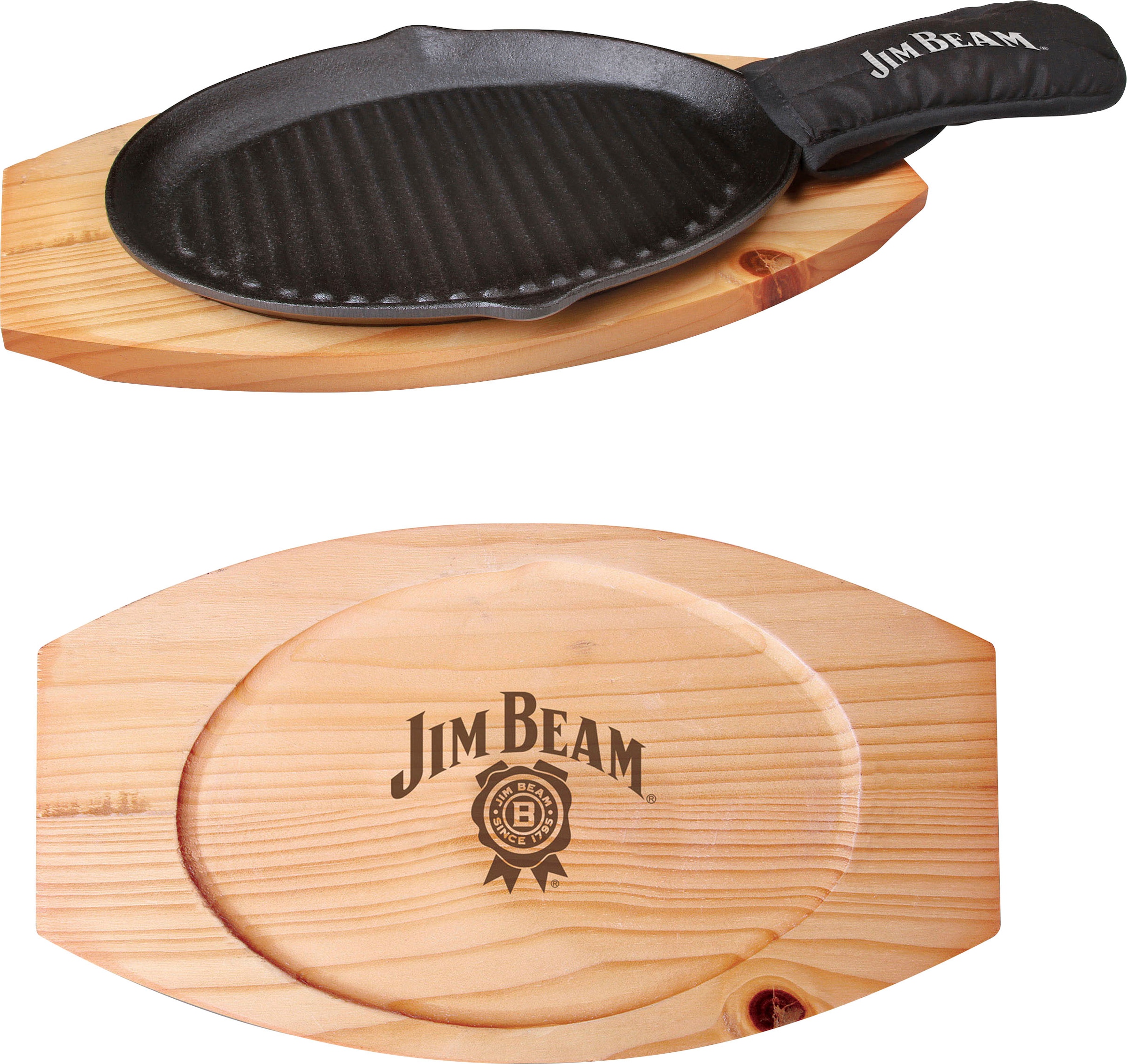 Jim Beam BBQ Grillpfanne, Gusseisen, (Set, 3 tlg.), inkl. Holzuntersetzer und Griffüberzug