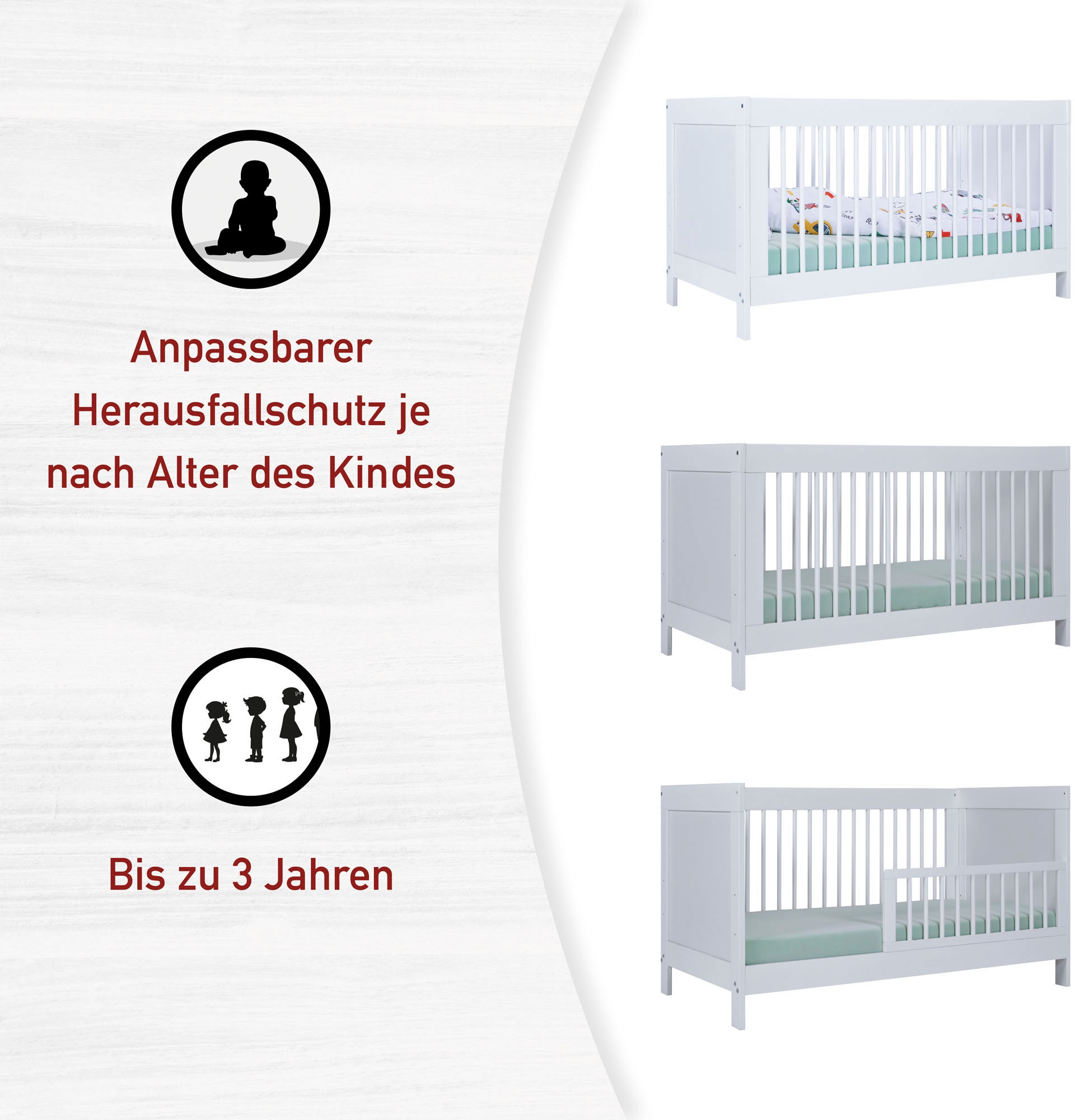 Tommy Jeans Babybett »Pinora, 70x140 cm, Teilmassiv Fichte, 3 herausnehmbare Schlupfsprossen« 1 tlg. Inkl. höhenverstellbarem Lattenrost, mit Rausfallschutz umbaubar