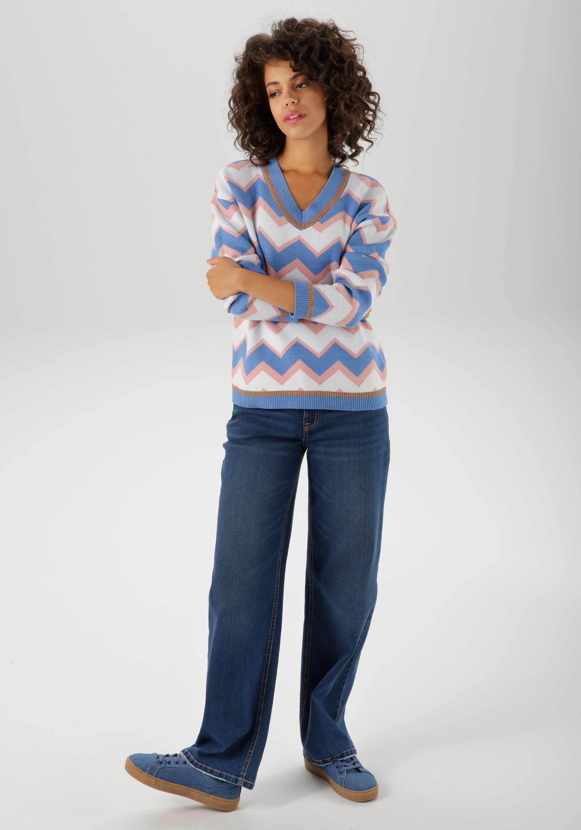 Strickpullover ANISTON CASUAL, Damen, Gr. 34, gold (blau, altrosa, weiß, goldfarben), Strick, Obermaterial: 49% Viskose, 26% Polyamid, 24% Polyester, 1% metallisierte Fasern, Glanzfaden, Jacquardmuster, lässig geschnitten hüftlang, V-Ausschnitt, Rippstric 3