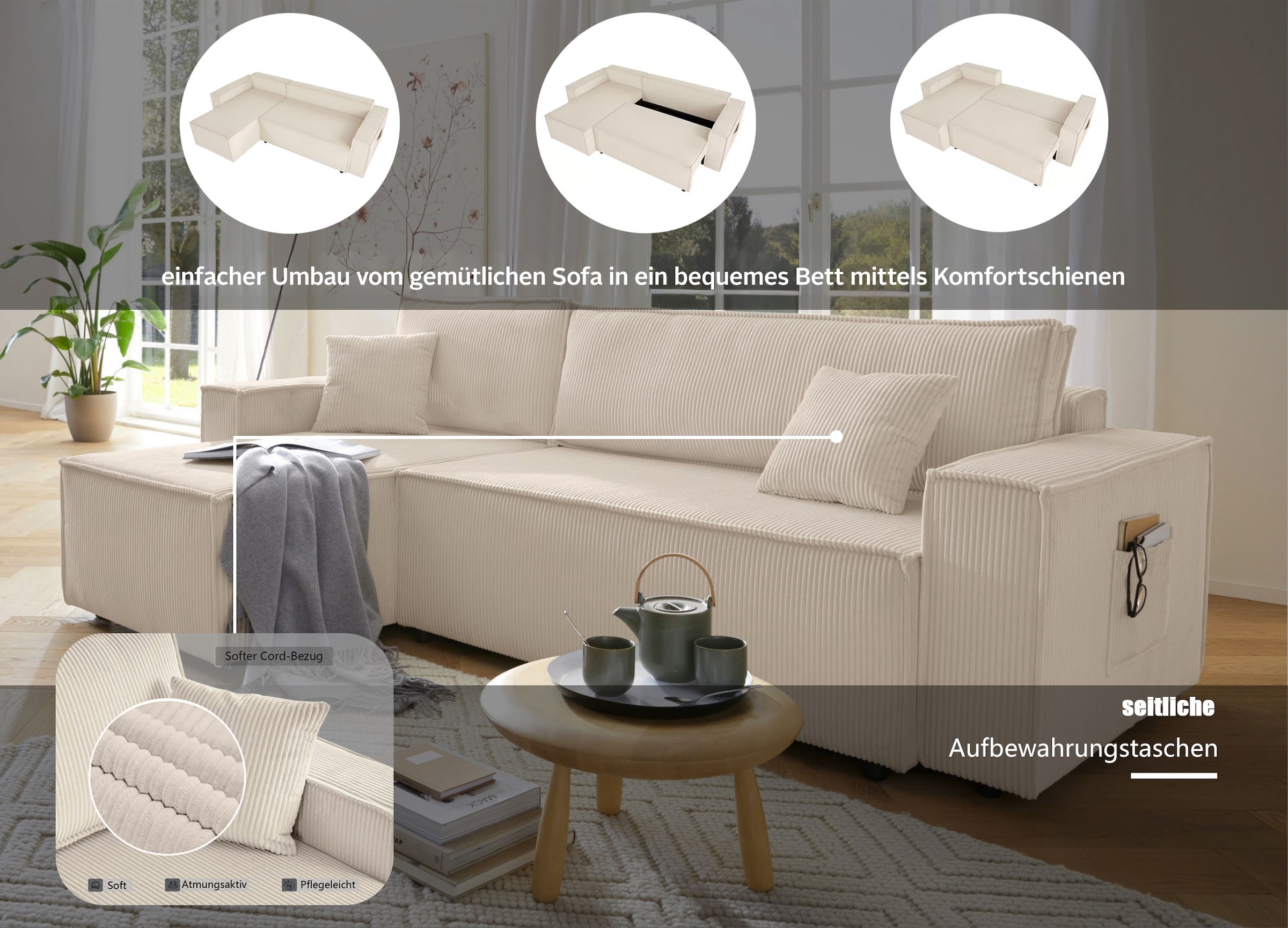 OTTO home Ecksofa »CASSI L-Form, 241cm - OTTO. Verlässliche Qualität.« Schlaffunktion (133/200), Boxspring, Bettkasten, Cord, Unser Tiefpreis