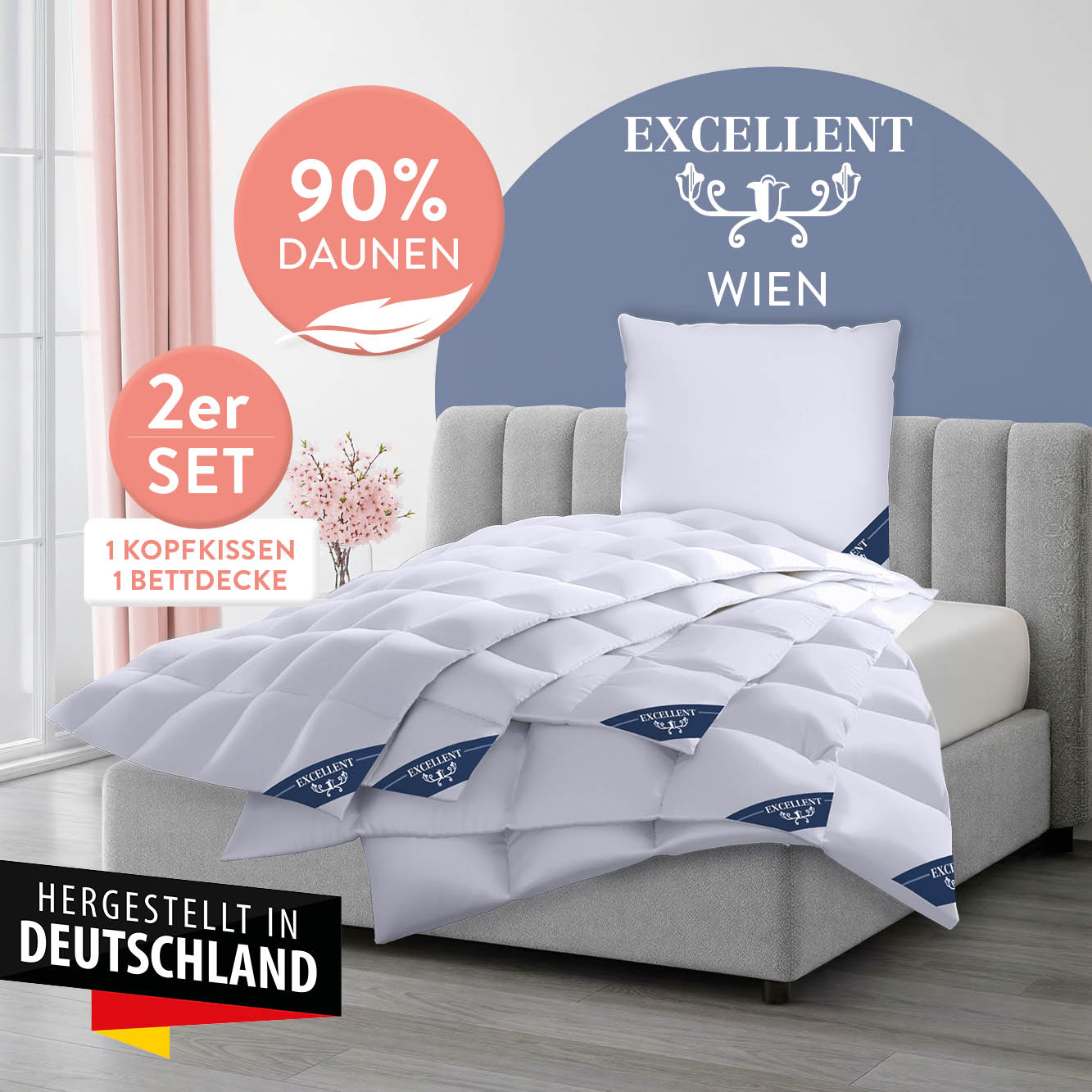 Excellent Daunenbettdecke + 3-Kammer-Kopfkissen "Wien" Bettdecke 135x200 in weitere Größen in 4 Wärmeklassen