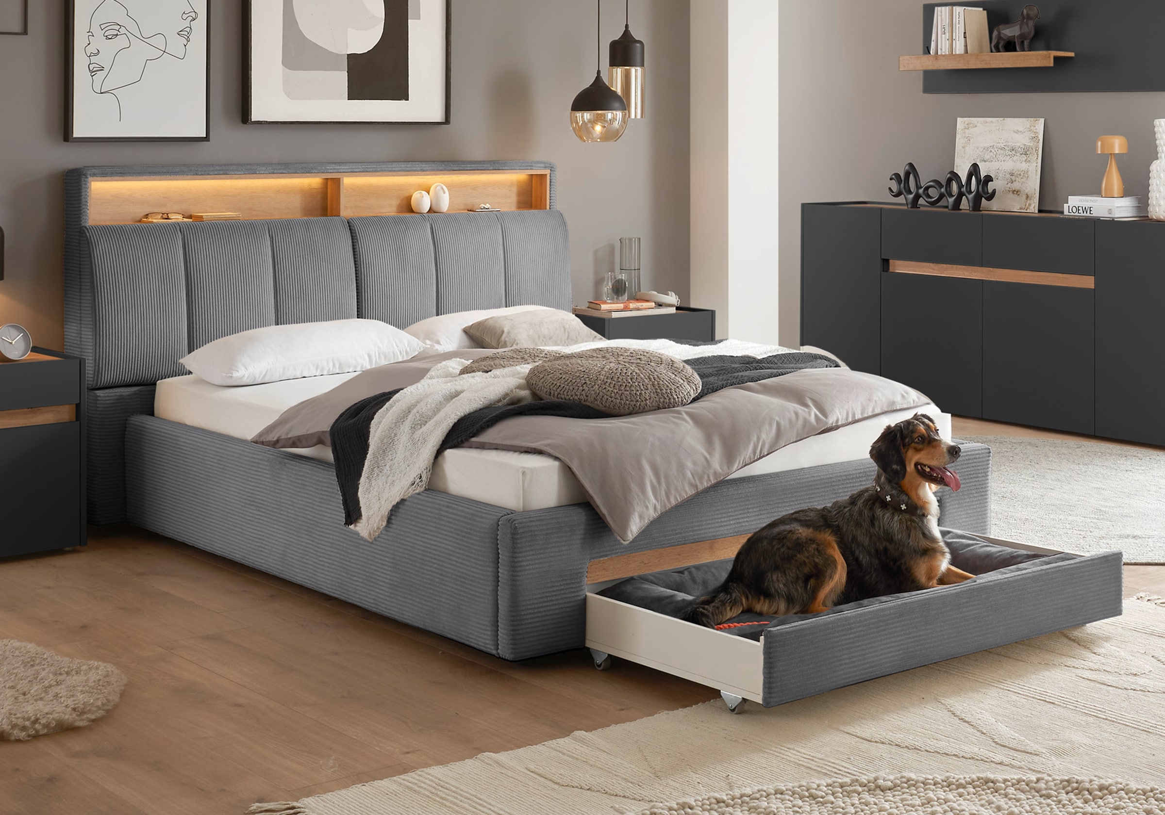 INOSIGN Polsterbett »CiTY/GiRON, gepolstertes Stauraumbett, mit LED Beleuchtung«, Bettkasten mit Hundebett oder als Stauraum, klappbare Kopfteile