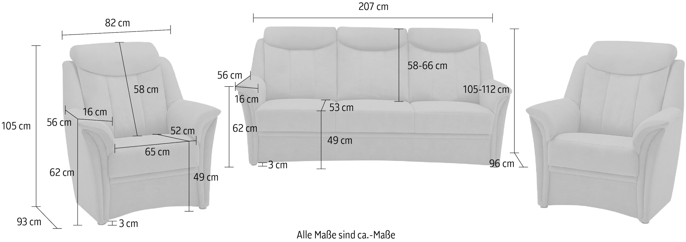 VILLA BECK Polstergarnitur »Lugano«, (Set, 3 tlg.), Kopfteilverstellung, in Sitzhöhe 49 cm, 3-Sitzer und 2x Sessel