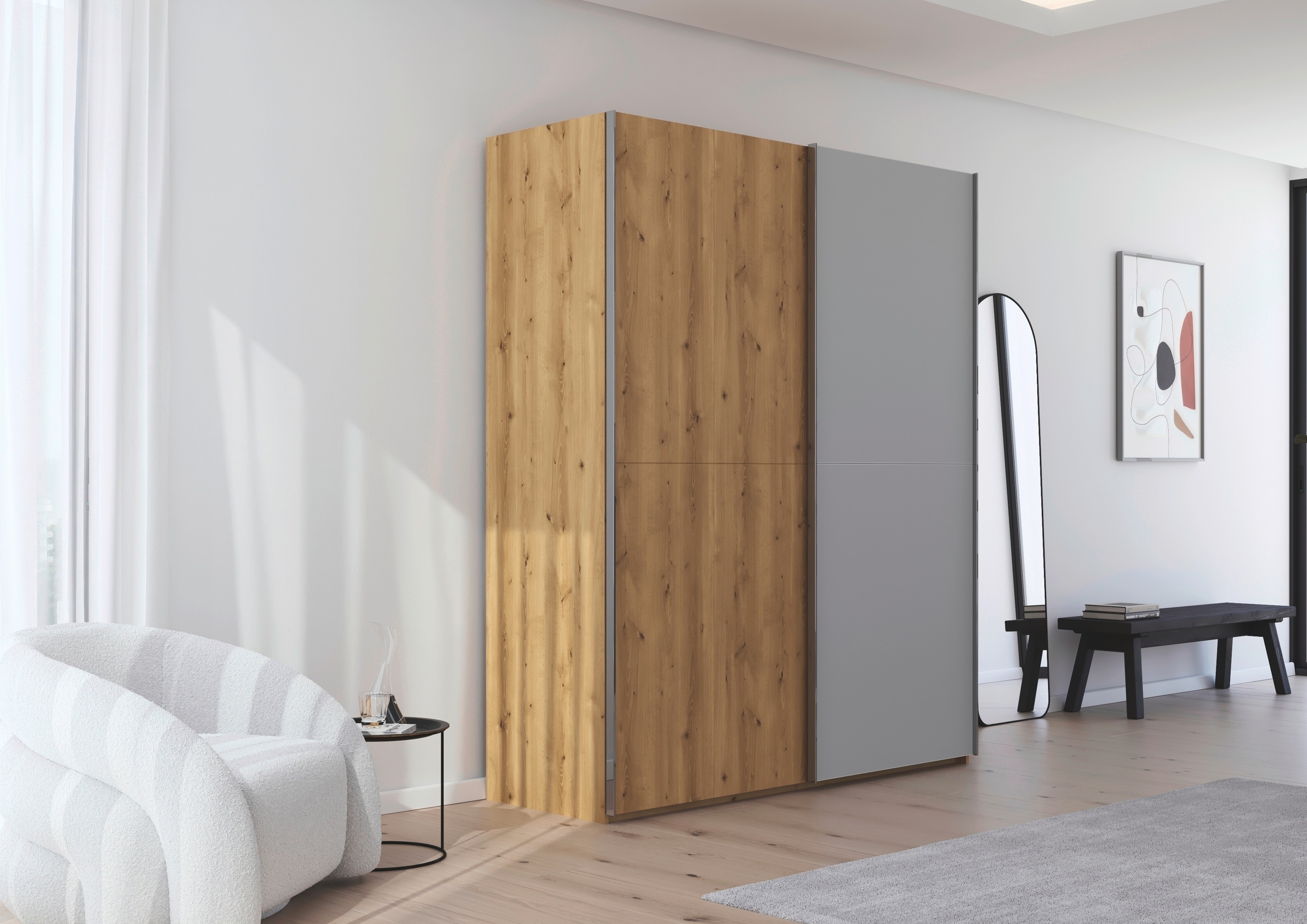 Thumbnail - rauch Schwebetürenschrank "Kleiderschrank Schrank Garderobe Schlafzimmerschrank SCALE-WOOD" edle geteilte Front in massi...