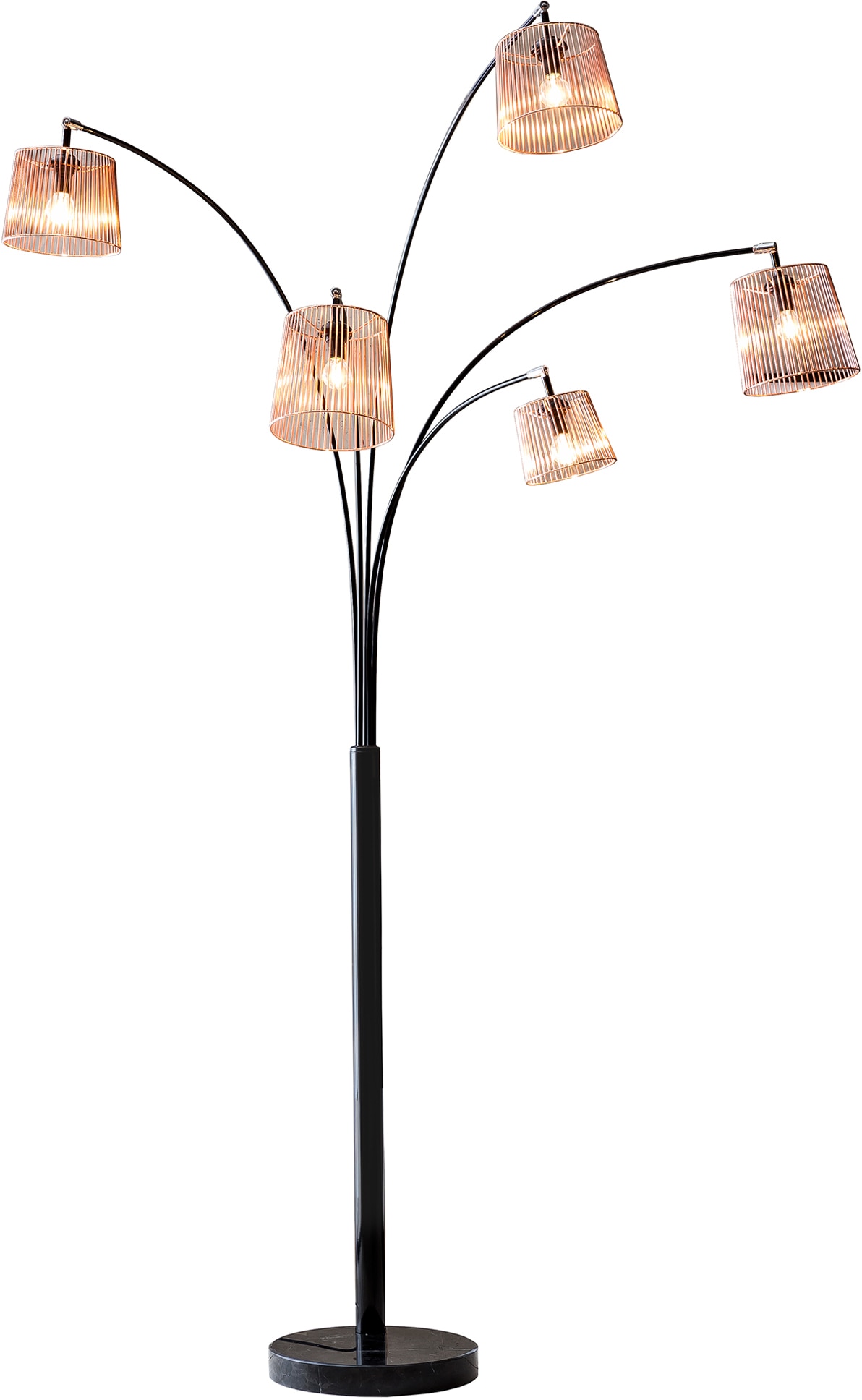 SALESFEVER Stehlampe "Karlis", schwarz (schwarz, kupferfarben), 5, H: 213cm, 1 Stk., Leuchten, 5 bewegliche Arme, Dimmschalter, echter Marmorfuß, Stehlampe