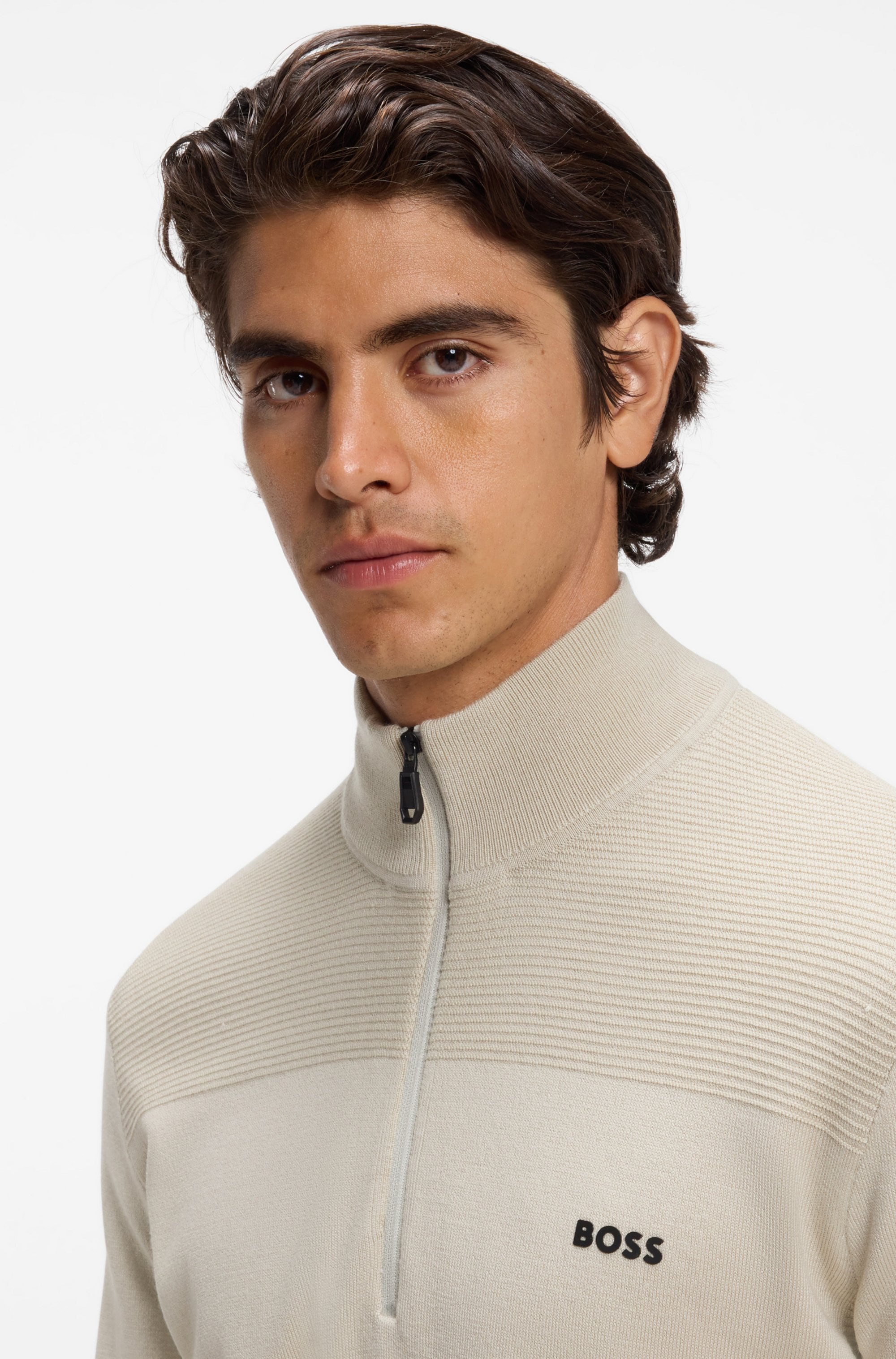 BOSS GREEN Strickpullover Stehkragen mit Reißverschluss, Regular Fit, Woll-Anteil