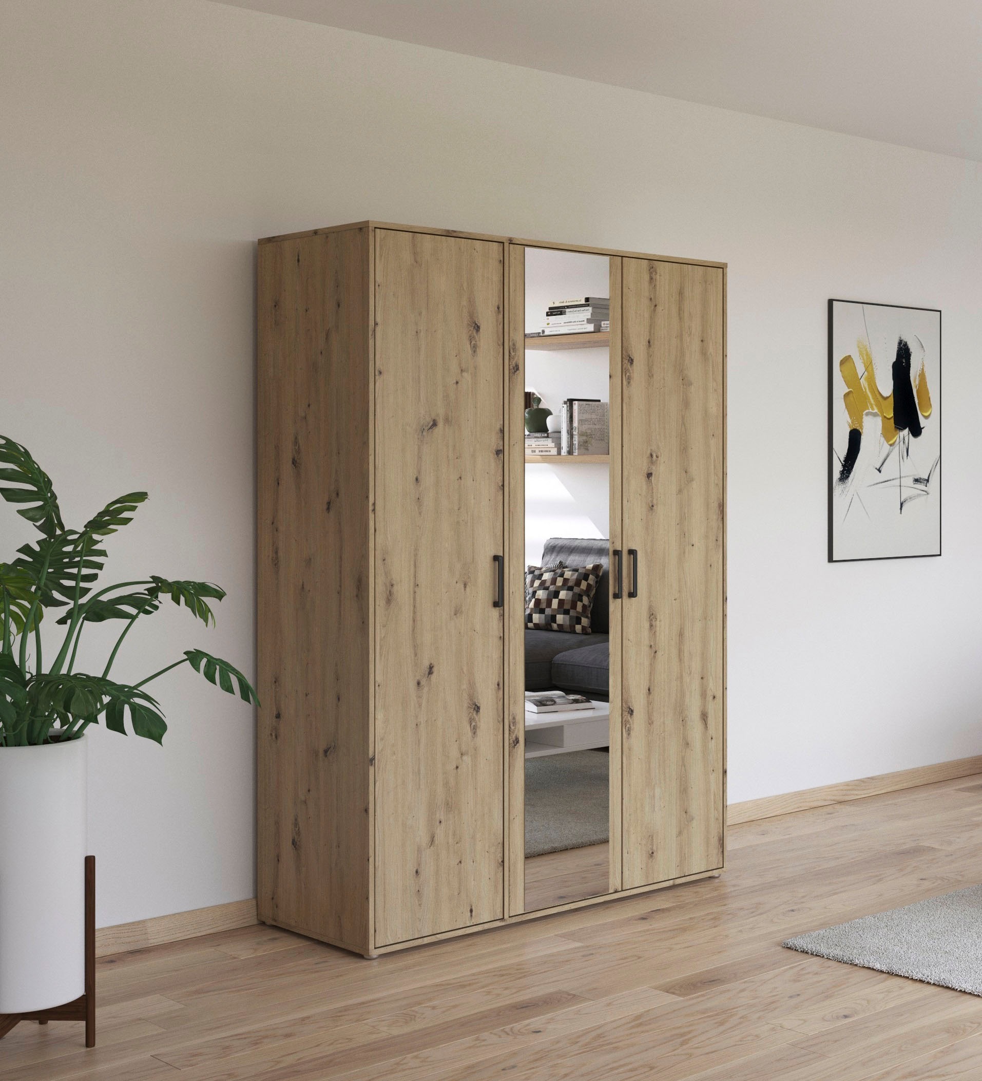 rauch Drehtürenschrank »Kleiderschrank Schrank Garderobe Wäscheschrank VOYAGER«, (in 3 verschiedenen Ausstattungen BASIC/CLASSIC/PREMIUM), mit modernen Griffen in Graumetallic und Spiegel