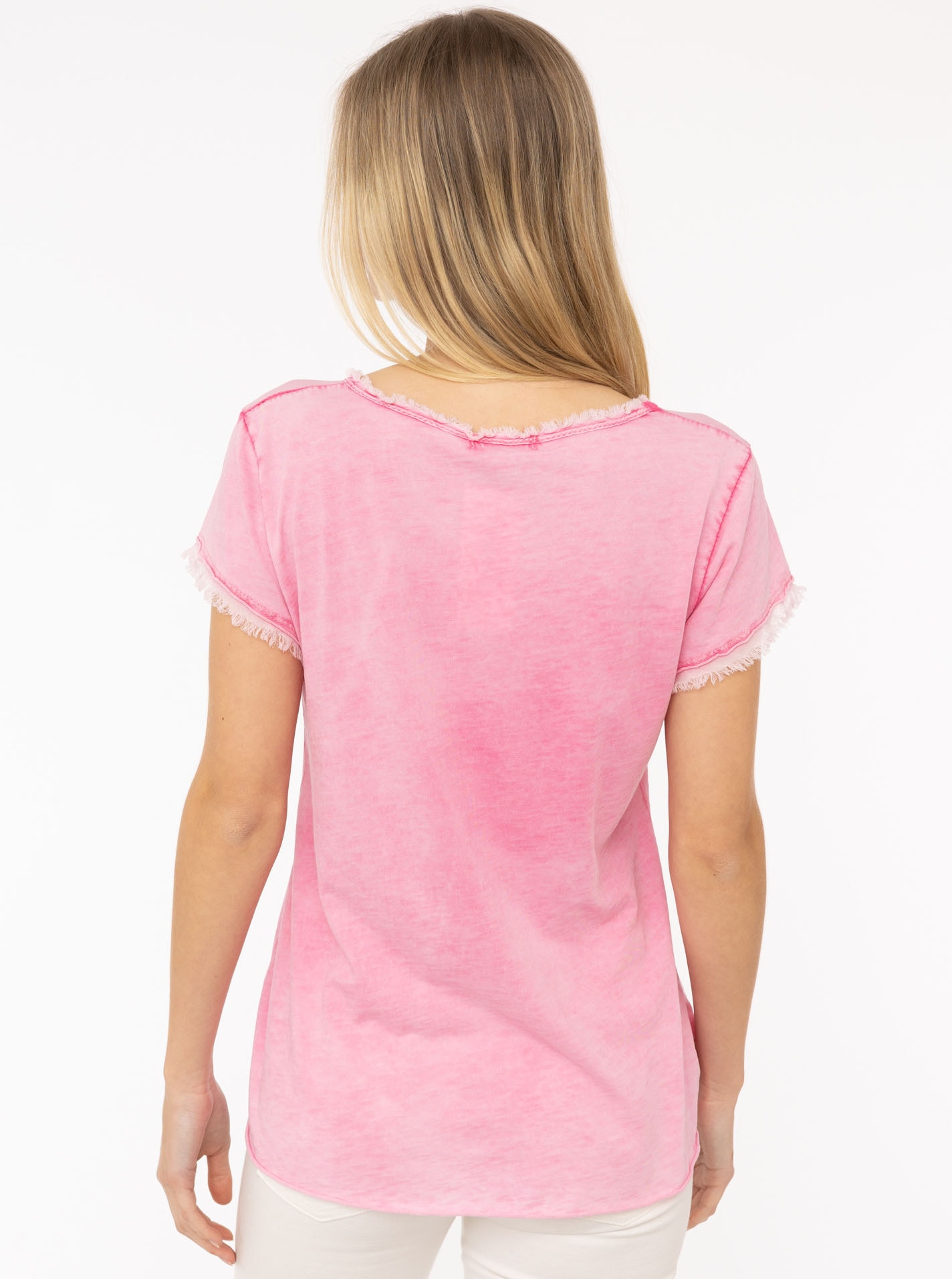 Zwillingsherz T-Shirt »"Positive Mind"«, mit V-Neck, Stempeldruck und Saum im Used-Look