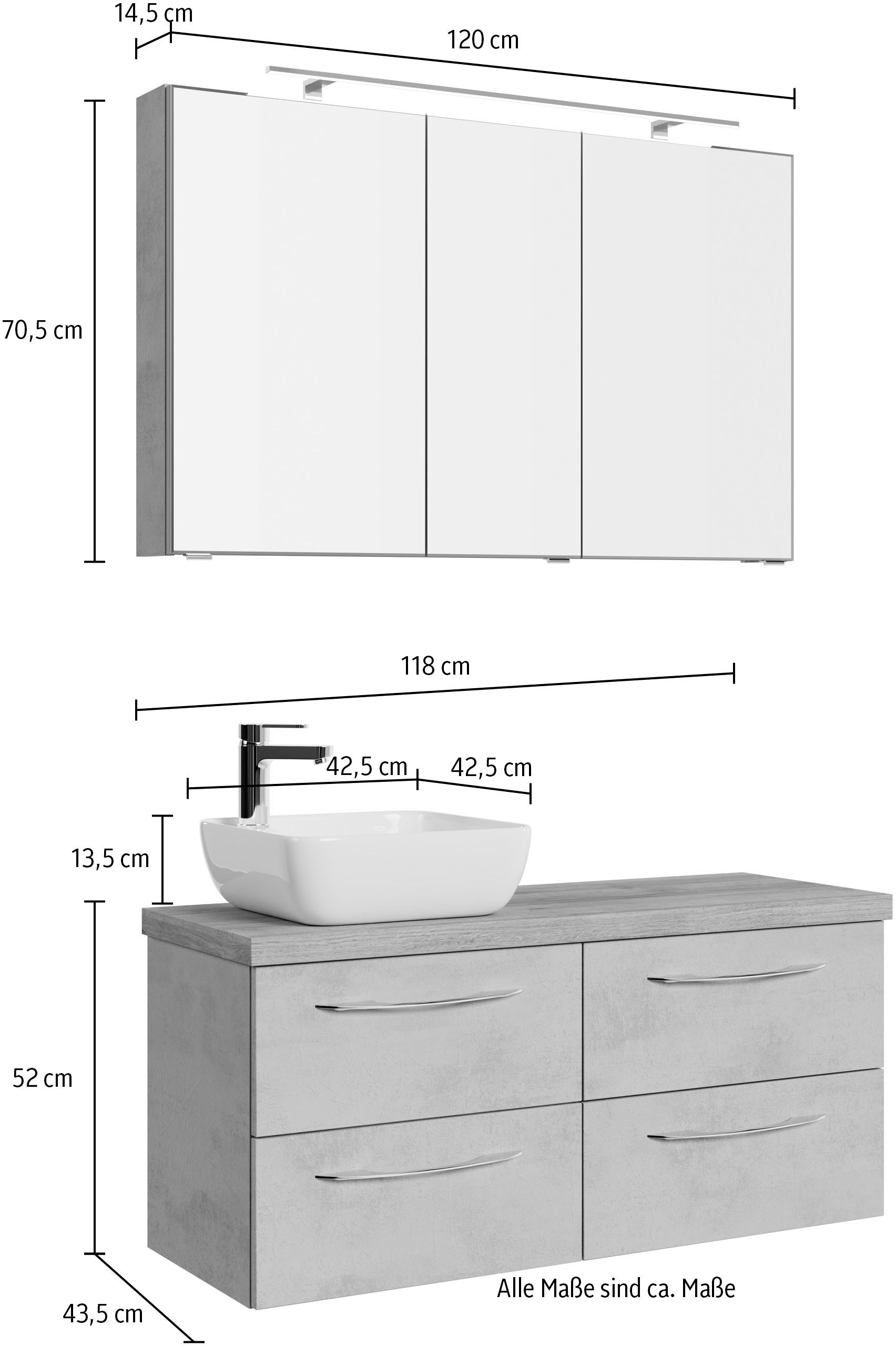 Saphir Badmöbel-Set »Serie 4035 2-teilig, Keramik-Aufsatzbecken mit LED-Spiegelschrank«, (Set), Waschplatz inkl. Türdämpfer, 120 cm breit, 4 Schubladen, 3 Türen