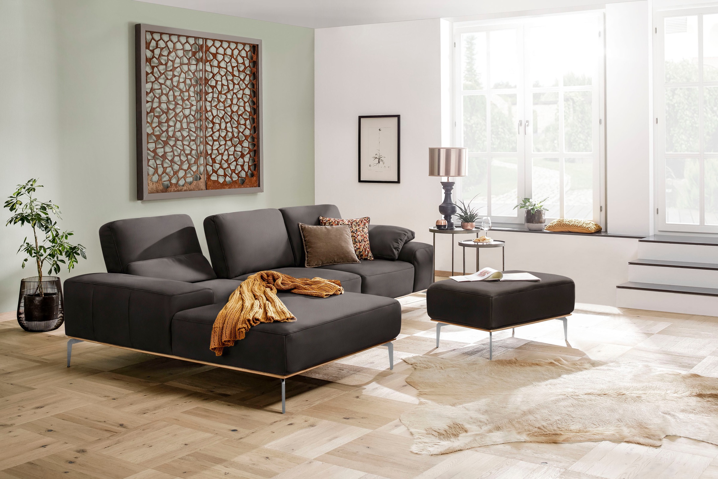 W.SCHILLIG Polsterhocker »run«, mit elegantem Holzsockel, Füße in Chrom glänzend, Breite 75 cm