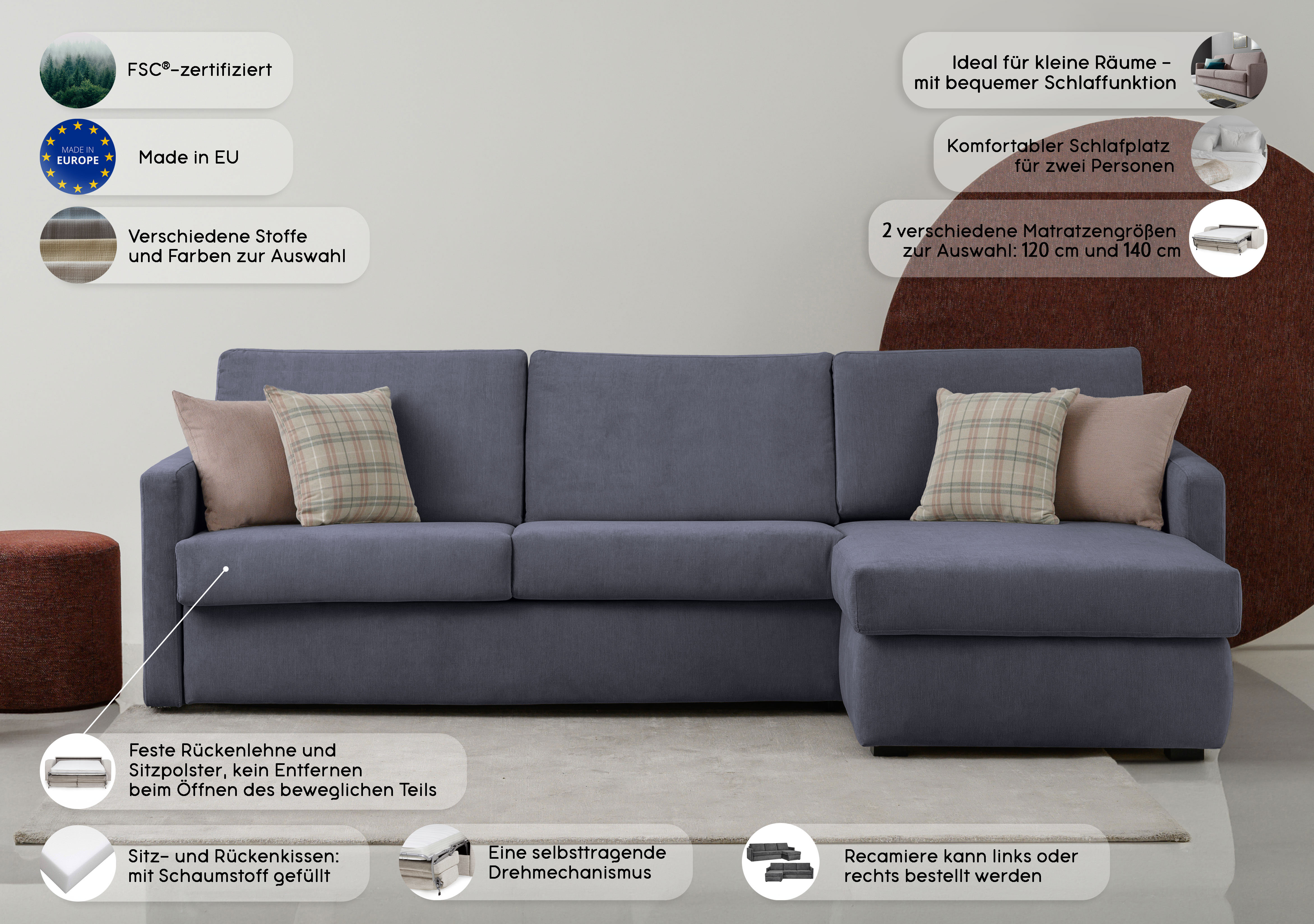 Thumbnail - Places of Style Schlafsofa "GOLDPOINT Ecksofa 264 cm, Liegefläche (140/200cm), L-Form,", Bettfunktion, Bonell-Federkernm...