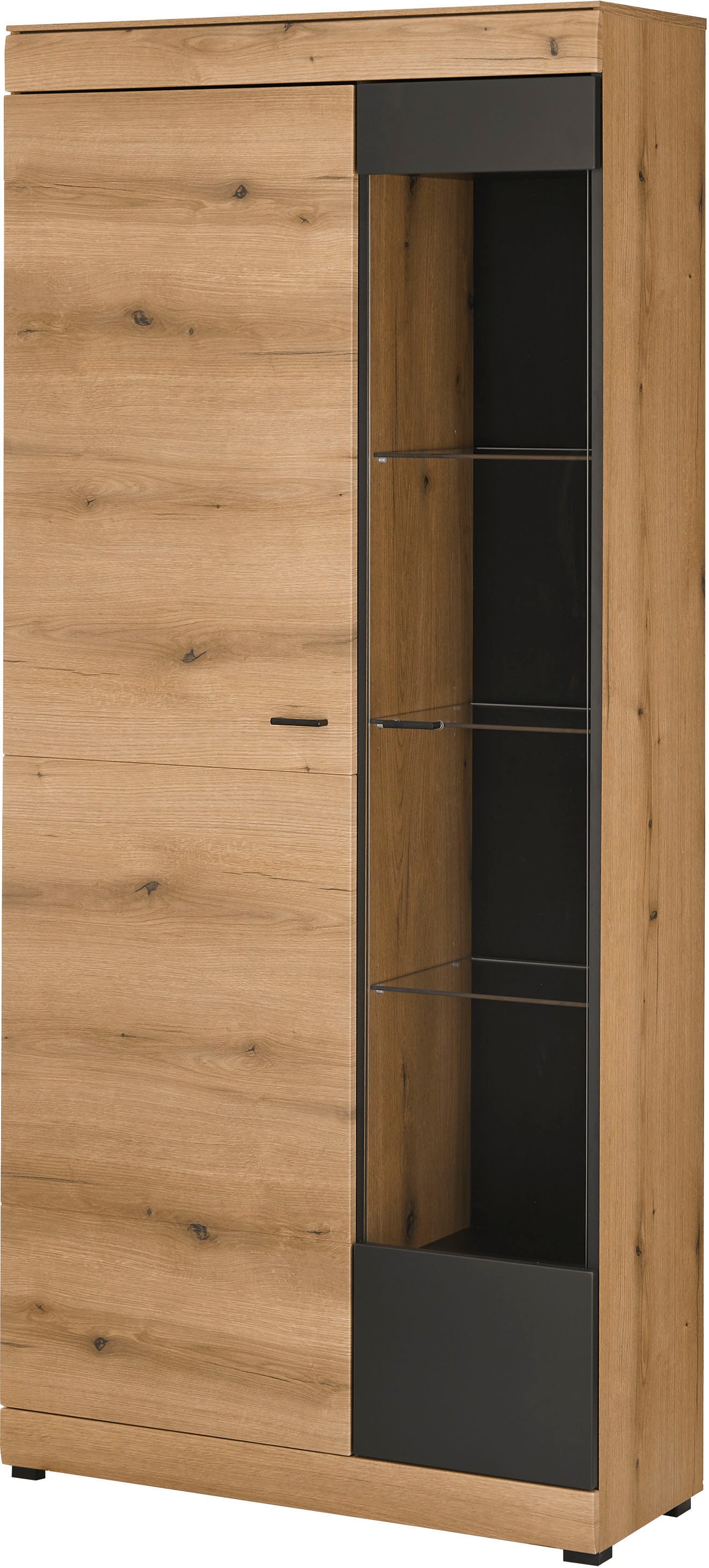Home affaire Vitrine "Soleto, Vitrinenschrank in Evoke Eiche, moderne Glasvitrine" ausreichend Stauraum, schwarze Griffe aus Metall, zeitlos