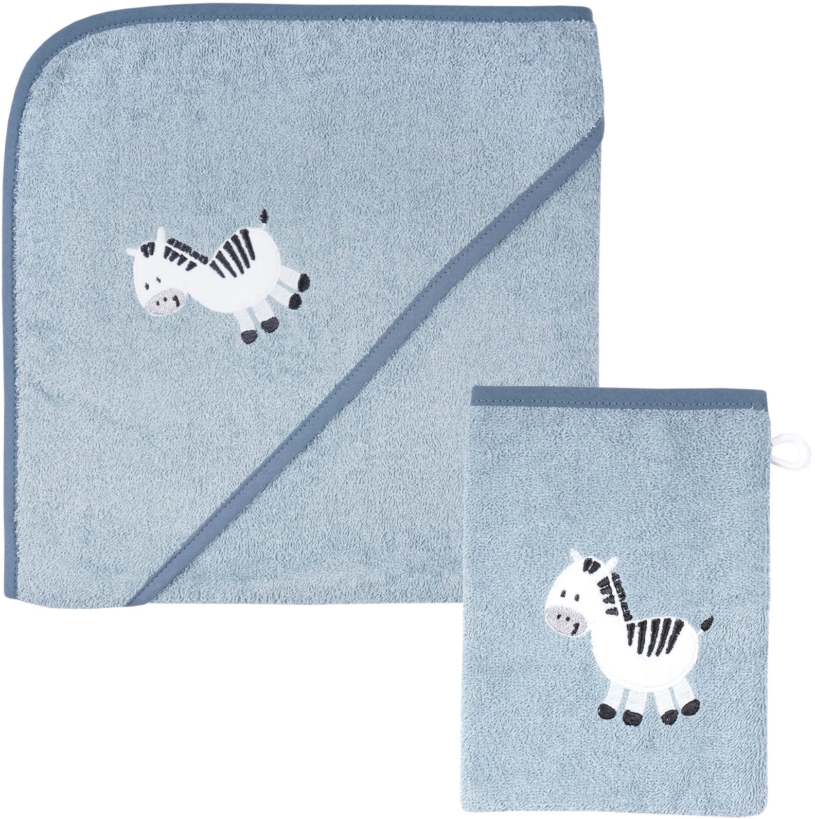 Wörner Handtuch Set »Zebra blau Kapuzenbadetuch 100/100 mit Waschhandschuh«, (Spar-Set, 2 St.), mit süßer Zebrastickerei