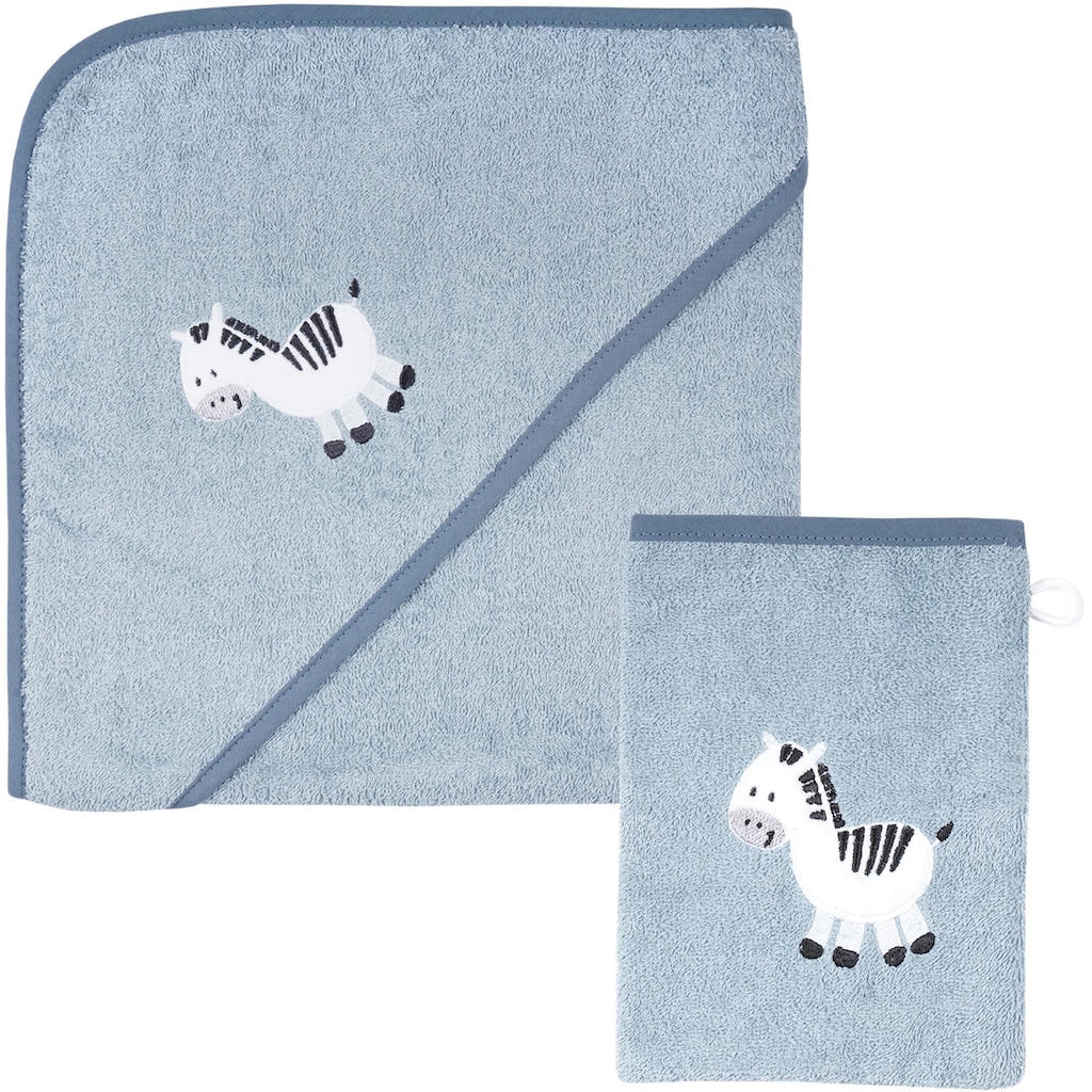 Wörner Handtuch Set »Zebra blau Kapuzenbadetuch 100/100 mit Waschhandschuh«, (Spar-Set, 2 St.)