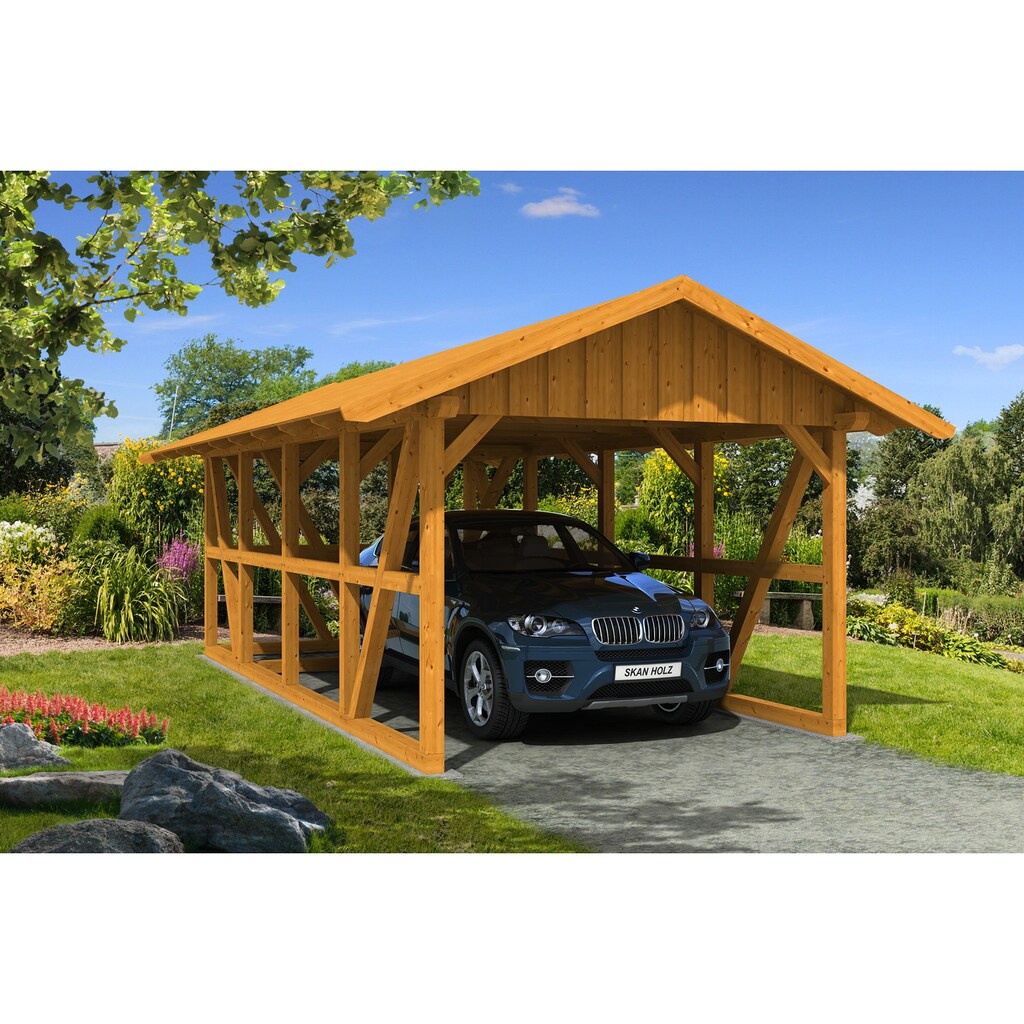 Skanholz Einzelcarport »Schwarzwald«, KVH, Fichte, 300 cm, Eiche hell, 424x772cm mit Abstellraum und Dachschalung