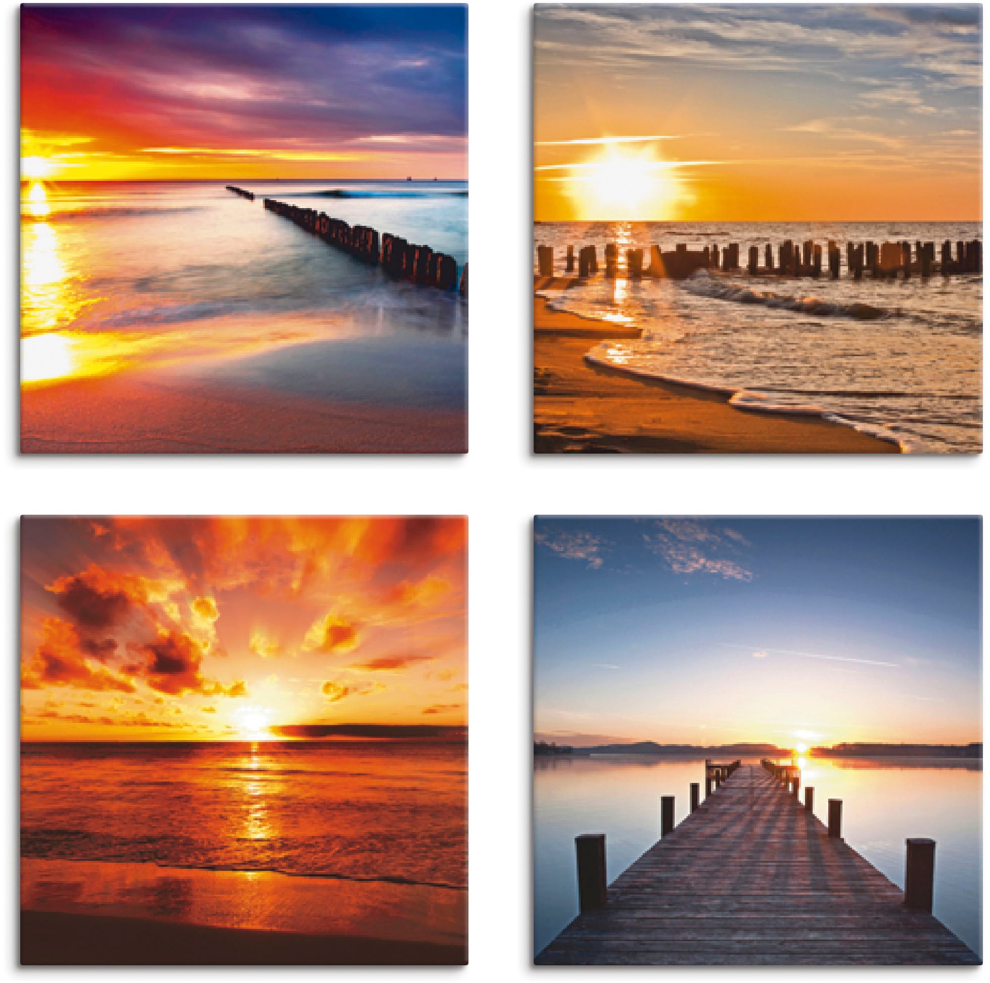 Artland Leinwandbild "Ostsee Strand Sonne Sonnenuntergang", Strand, (4 St.), 4er Set, verschiedene Größen