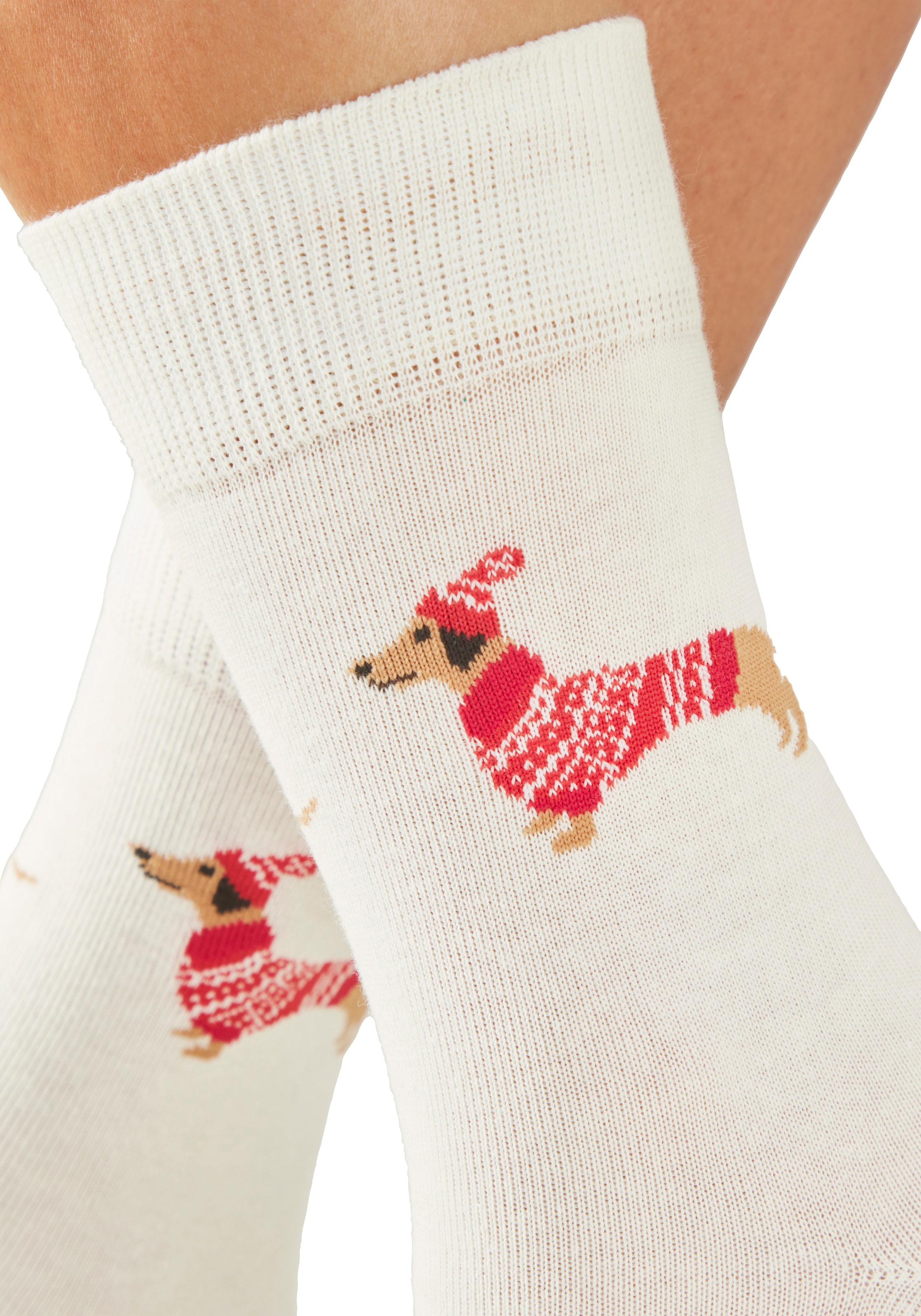 LASCANA Freizeitsocken »Damen Weihnachtssocken« Packung, 3 Paar tlg. mit lustigen Dackelmotiven