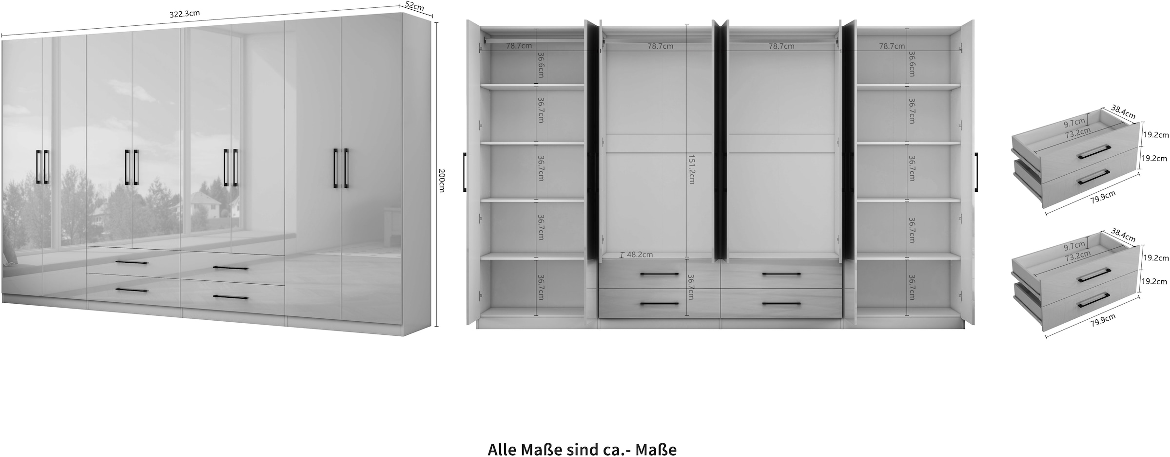 OTTO home Kleiderschrank »Sylt Schlafzimmerschrank Garderobe Schrank in hochglanz mit 8 Türen« Drehtürenschrank mit perfekter Innenausstattung