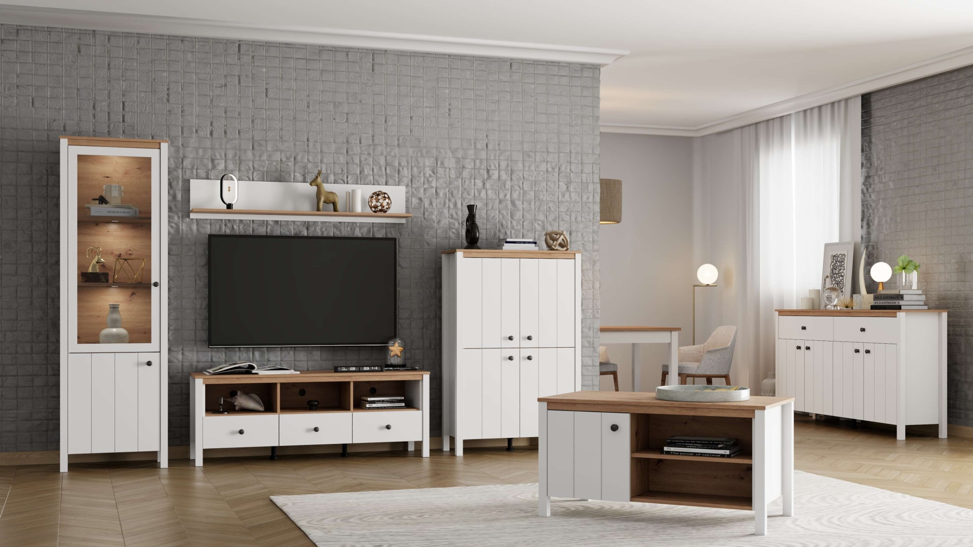 Home affaire Vitrine »BEDFORD Vitrinenschrank, Glasschrank, Standvitrine, Highboard« MDF-Profil 2D ummantelt, Hotstamping, 1mm ABS-Kanten, 4 Einlegeböden