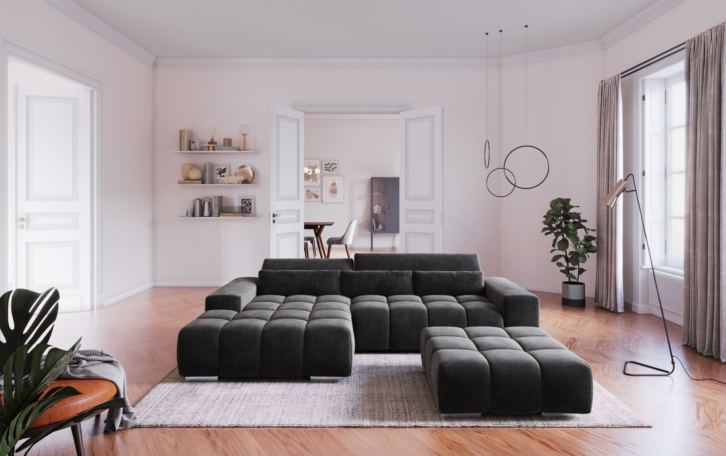 COTTA Ecksofa "Orion L-Form, B: 307 cm, moderne Steppung, bequeme Wellenunterfederung" 2x Kopfteilverstellung & 3 Nierenkissen