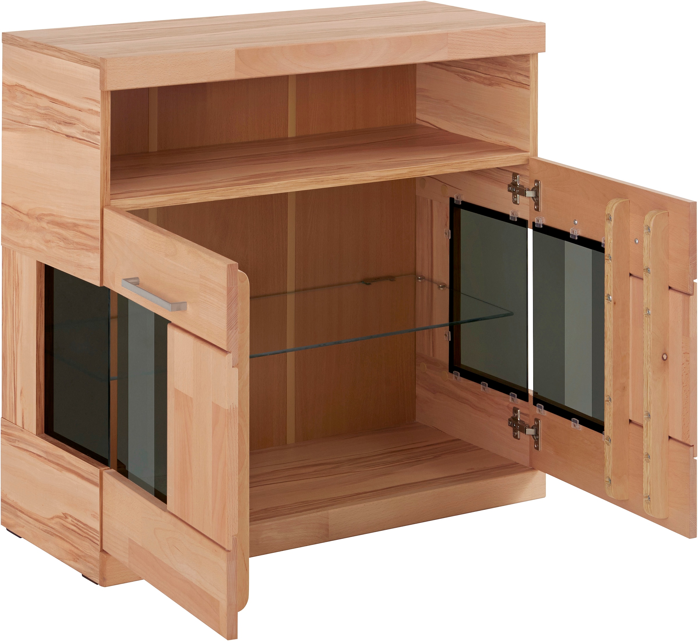 Home affaire Kommode »Ribe 85cm breit,35 cm tief, Fronten Massivholz,2 Türen mit Glaseinsatz«, Holz massiv, Holzwerkstoff,3 breite Fächer