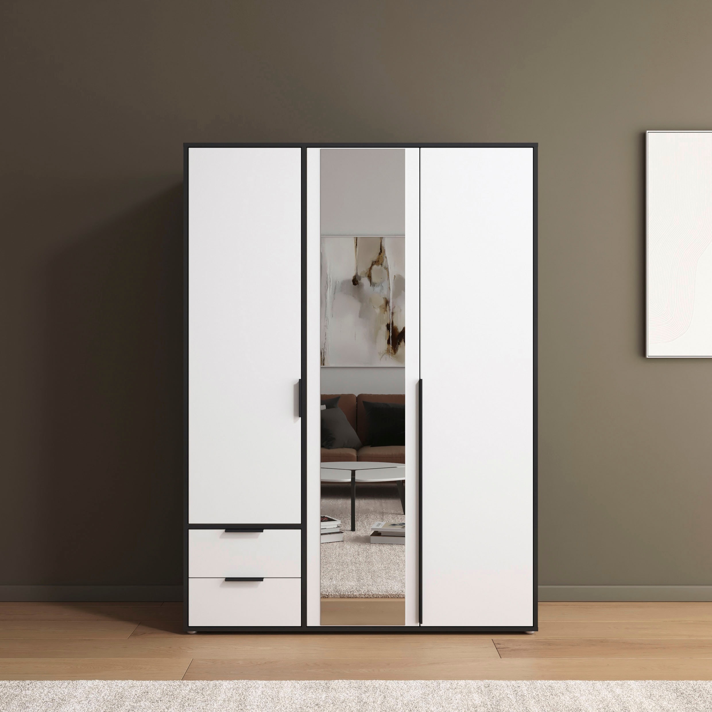rauch "Kleiderschrank Schrank Garderobe Wäscheschrank NAGATA mit Spiegel" in 3 verschiedenen Ausstattungen BASIC/CLASSIC/PREMIUM, und Schubladen sowie Stangengriffen TOPSELLER MADE IN GERMANY