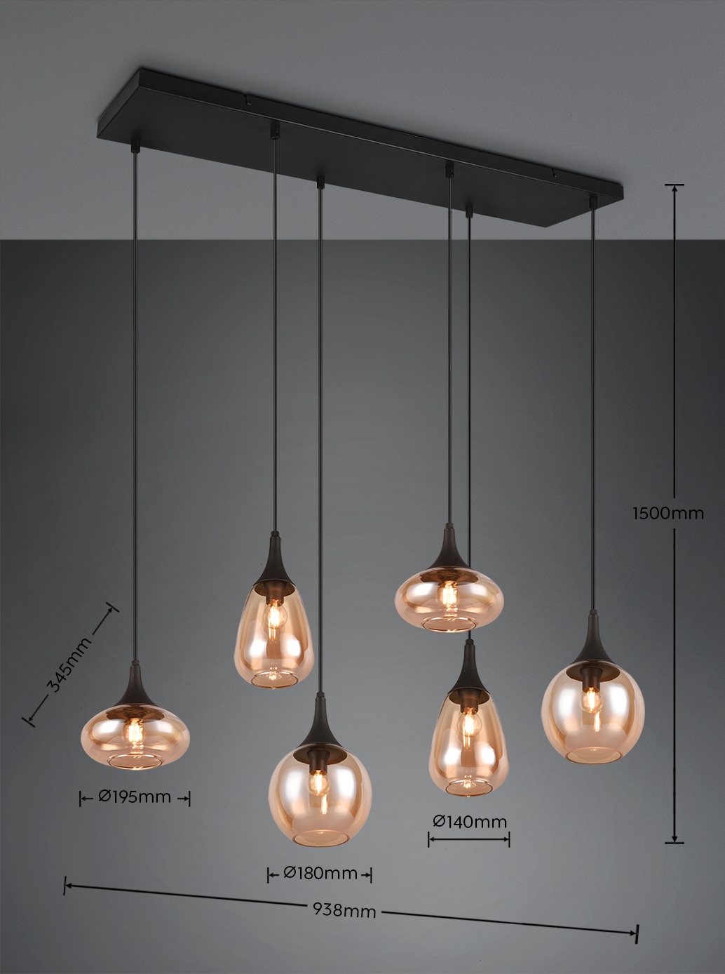 TRIO Leuchten Pendelleuchte »LUMINA, E14 Hängelampe 6-flammig Glasschirme in 3 Formen amberfarbig«, 6 flammig, Leuchtmittel E14 | Leuchtmittel wechselbar, exkl 6x E14 max 40W, Hängeleuchte höhenverstellbar bis max 150 cm