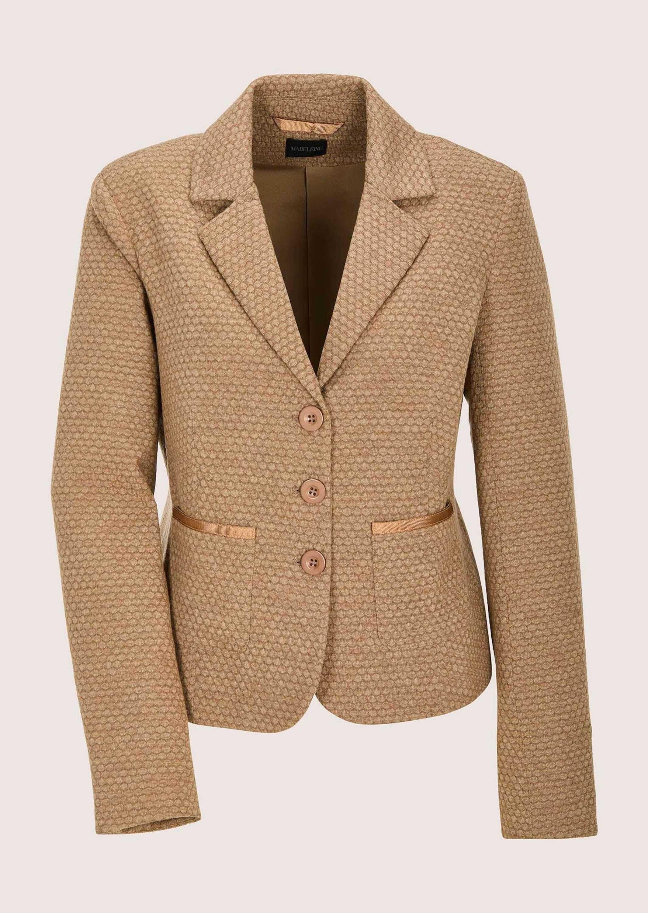 Jackenblazer MADELEINE "Jerseyblazer Kurzblazer mit Wabenmuster", Damen, Gr. 38, braun (haselnuss), Obermaterial: 65% Polyester PES. 30% Viskose CV. 5% Elasthan EL., Modern, schmal, Blazer, Strukturjersey