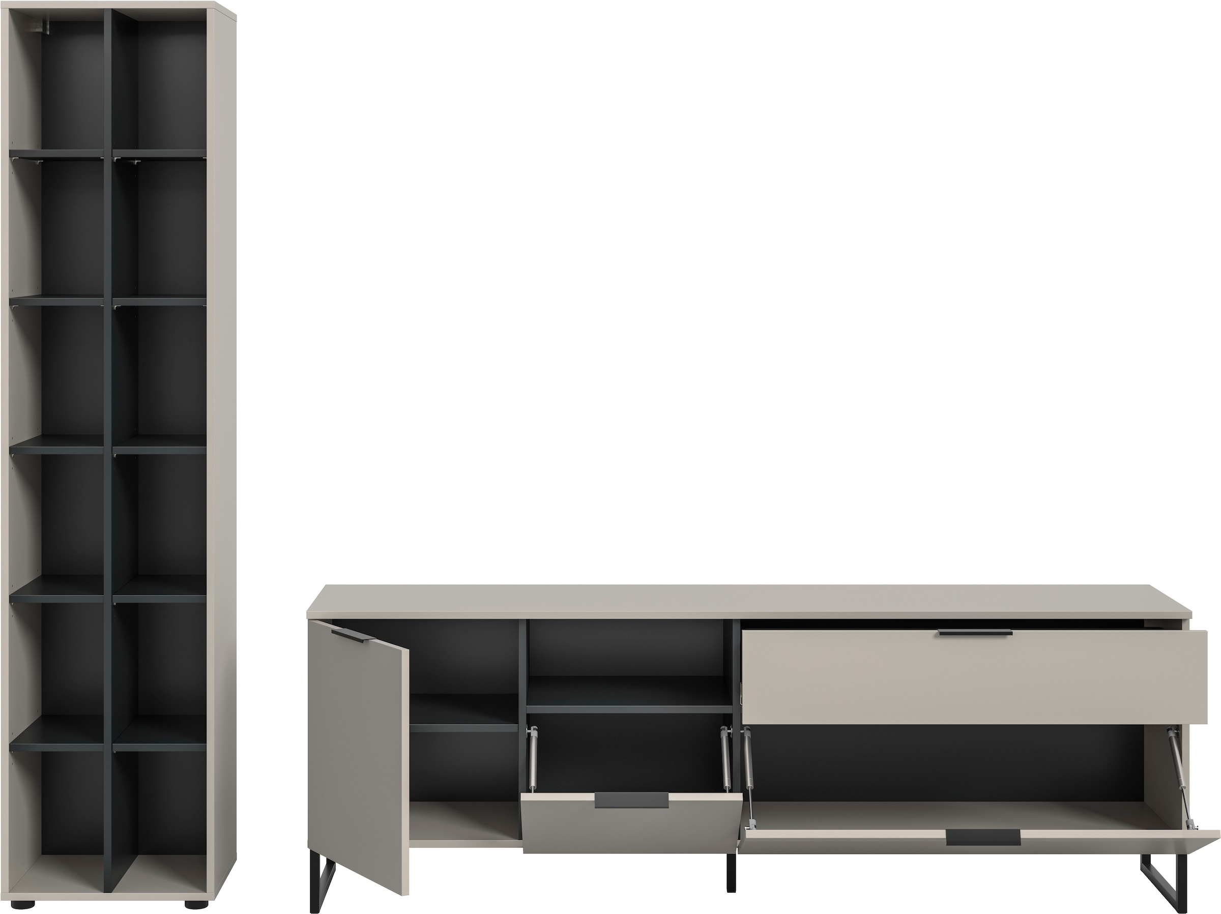 INOSIGN Wohnwand »ADIO, Breite 245 cm, 2-teiliges Set, mit Metall-Kufenfüße« Set, bestehend aus: Standregal und Lowboard, 2 Stk. tlg.