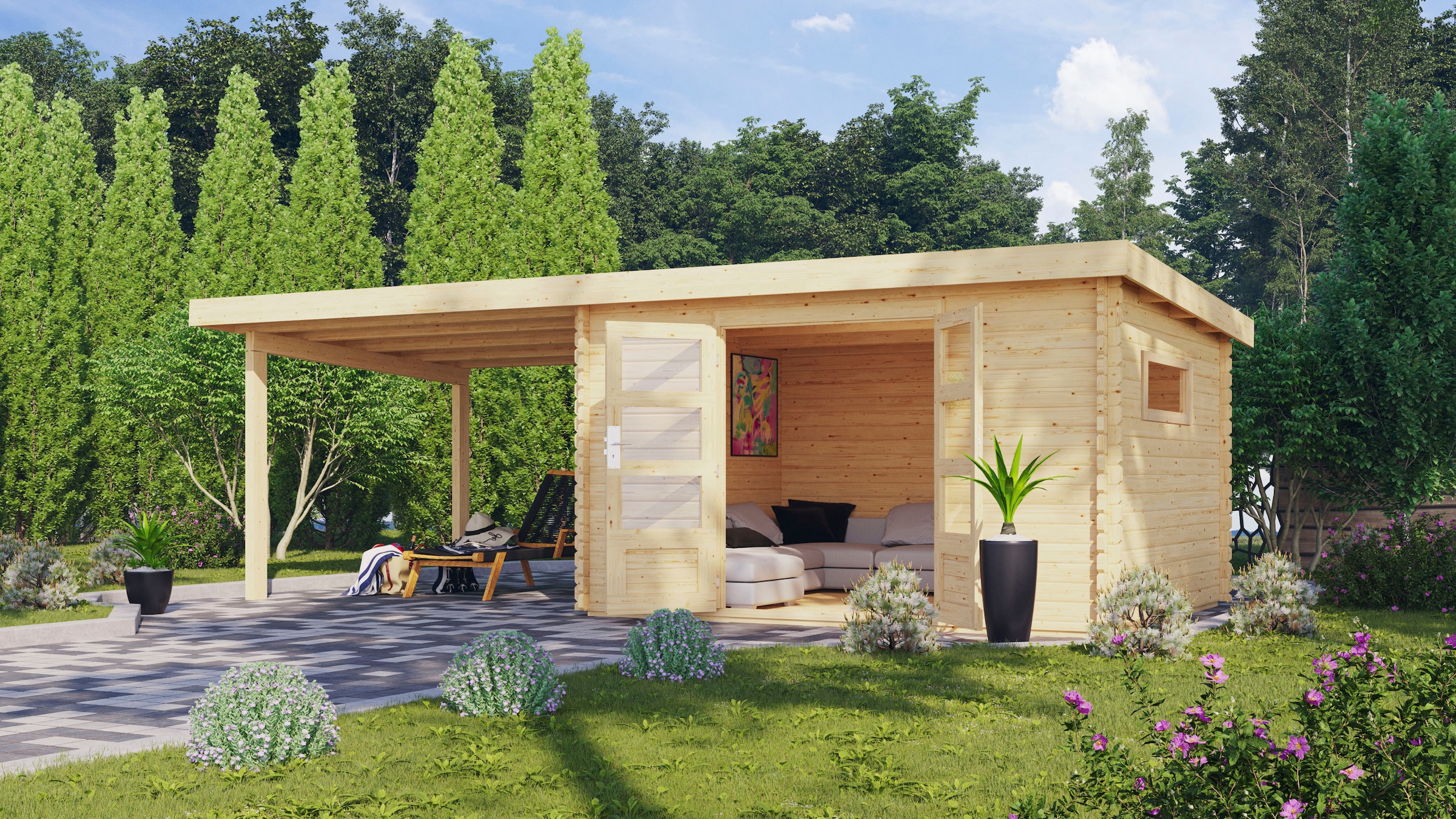 Karibu Gartenhaus »"Tange 5" SET naturbelassen mit Schleppdach 300 cm Breite«, aus hochwertiger nordischer Fichte