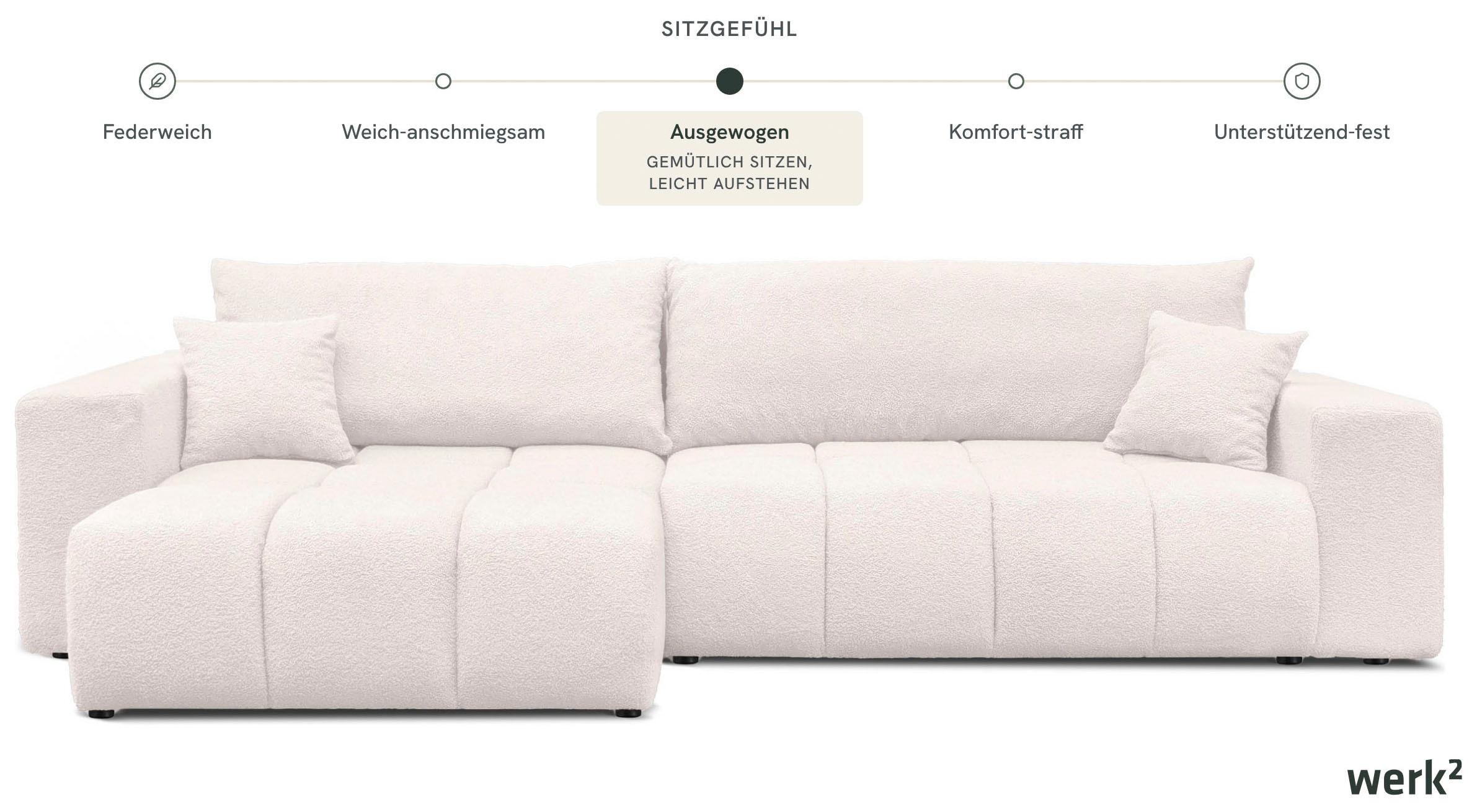 WERK2 Ecksofa »Ofi XL L-Form Sofa in Bubble-Optik mit Schlaffunktion und Bettkasten« Trendstoff Bouclé – Ottomane beidseitig montierbar, inkl. 2 Zierkissen