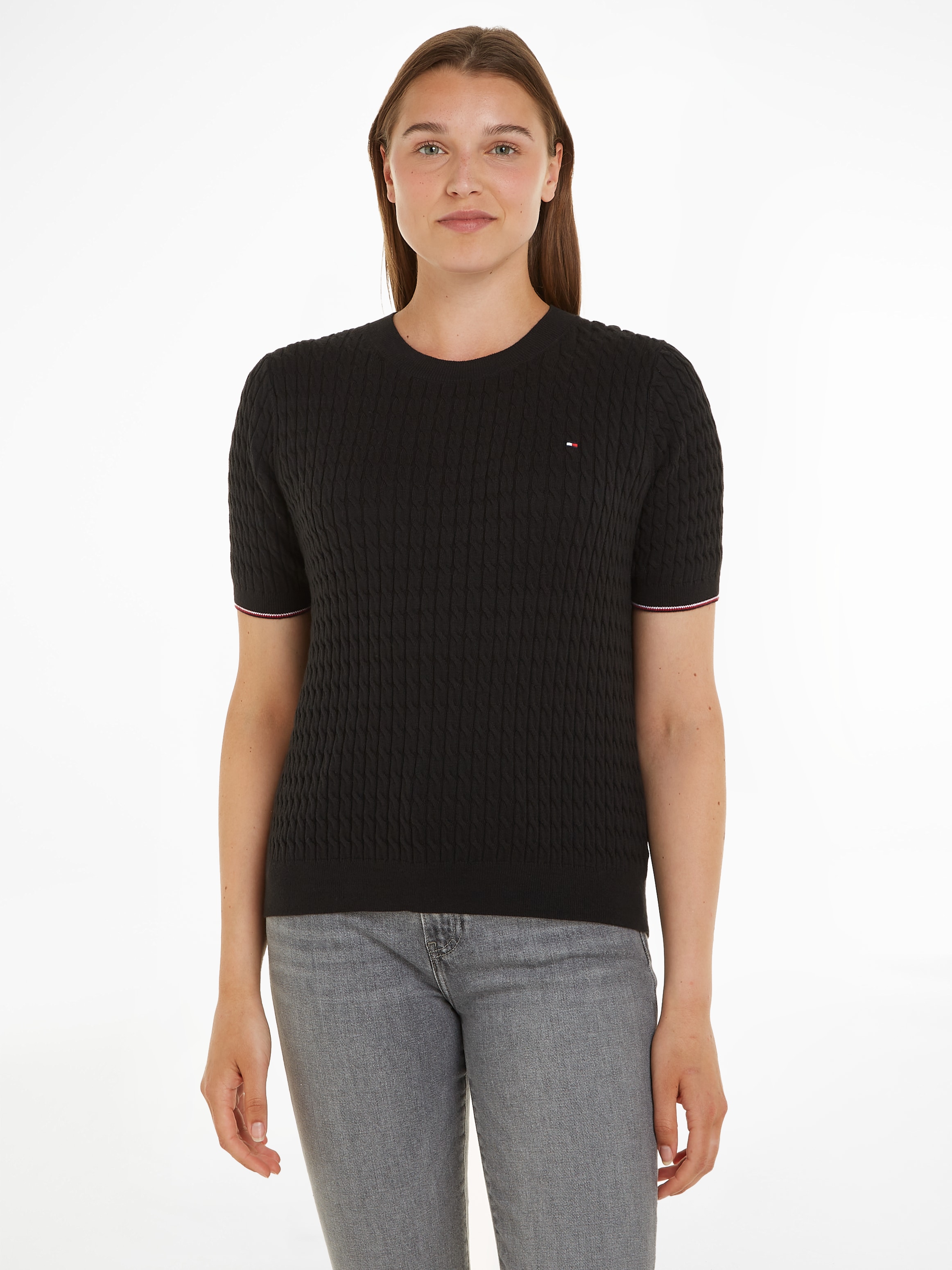 Tommy Hilfiger Kurzarmpullover »CO CABLE RWB C-NK SS SWT«, mit Mini-Zopfmuster