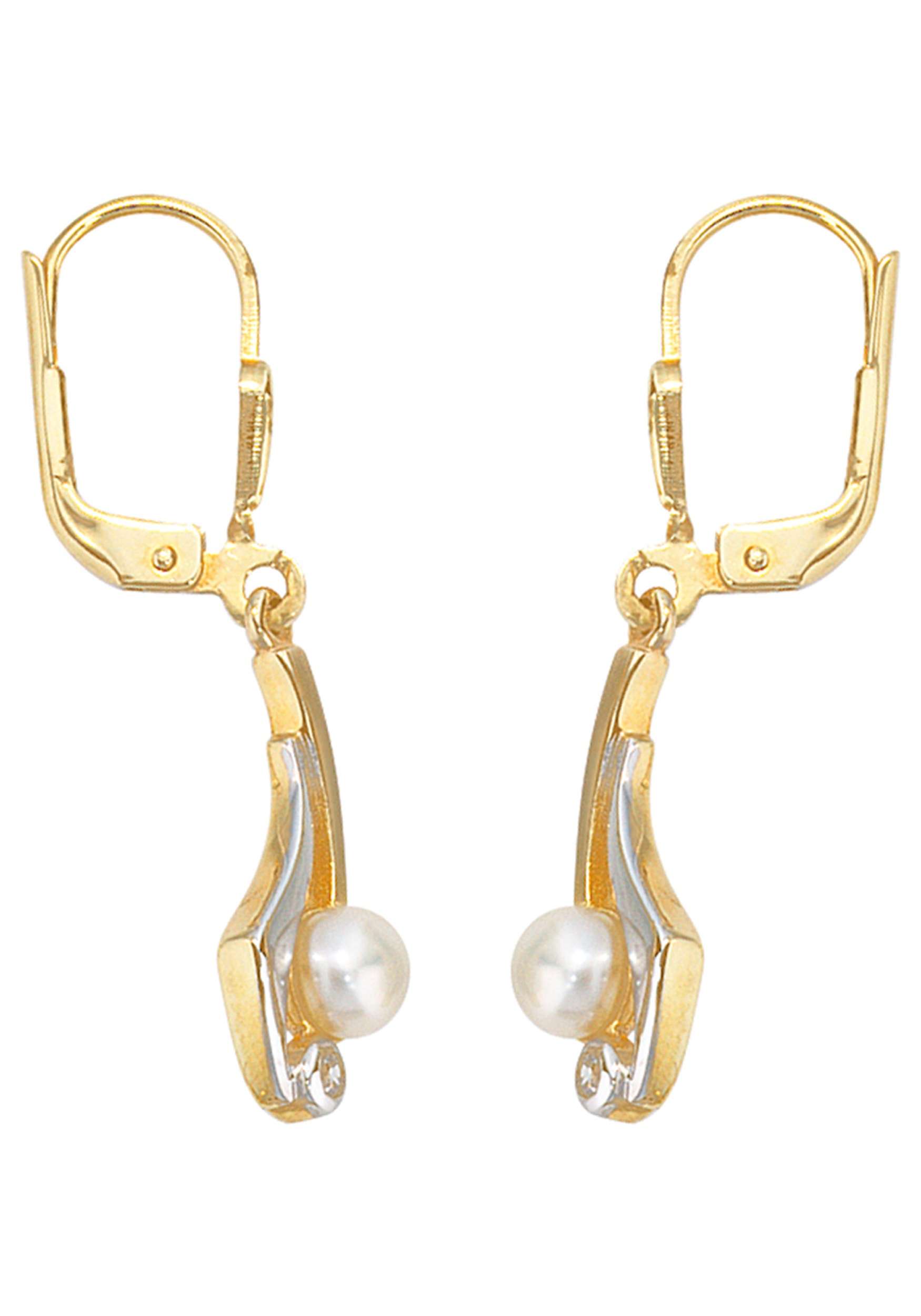 Perlenohrringe JOBO "mit Süßwasser-Zuchtperlen und Zirkonia hängend", gelbgold 333, weiß, Ohrringe, Damen, Gelbgold 333 Perlen, Gelbgold 333, Perlen, 8 Karat 333 Gold 2