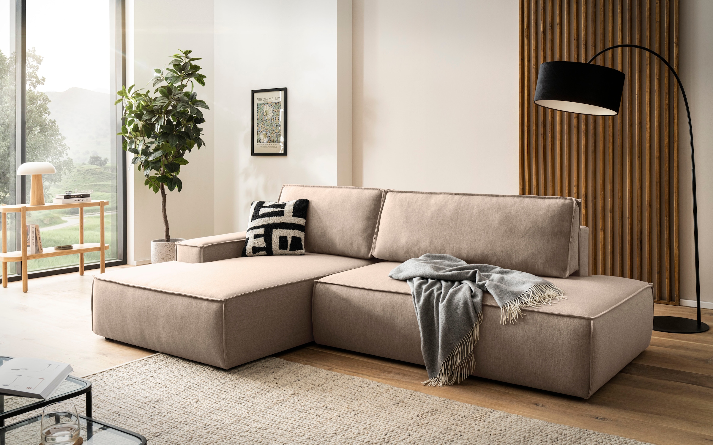 OTTO home Ecksofa "SHERWOOD Leinenoptik Schlafsofa in L-Form offen (275cm)" Schlaffunktion und Bettkasten, Kedernaht, hoher Sitz- & Liegekomfort