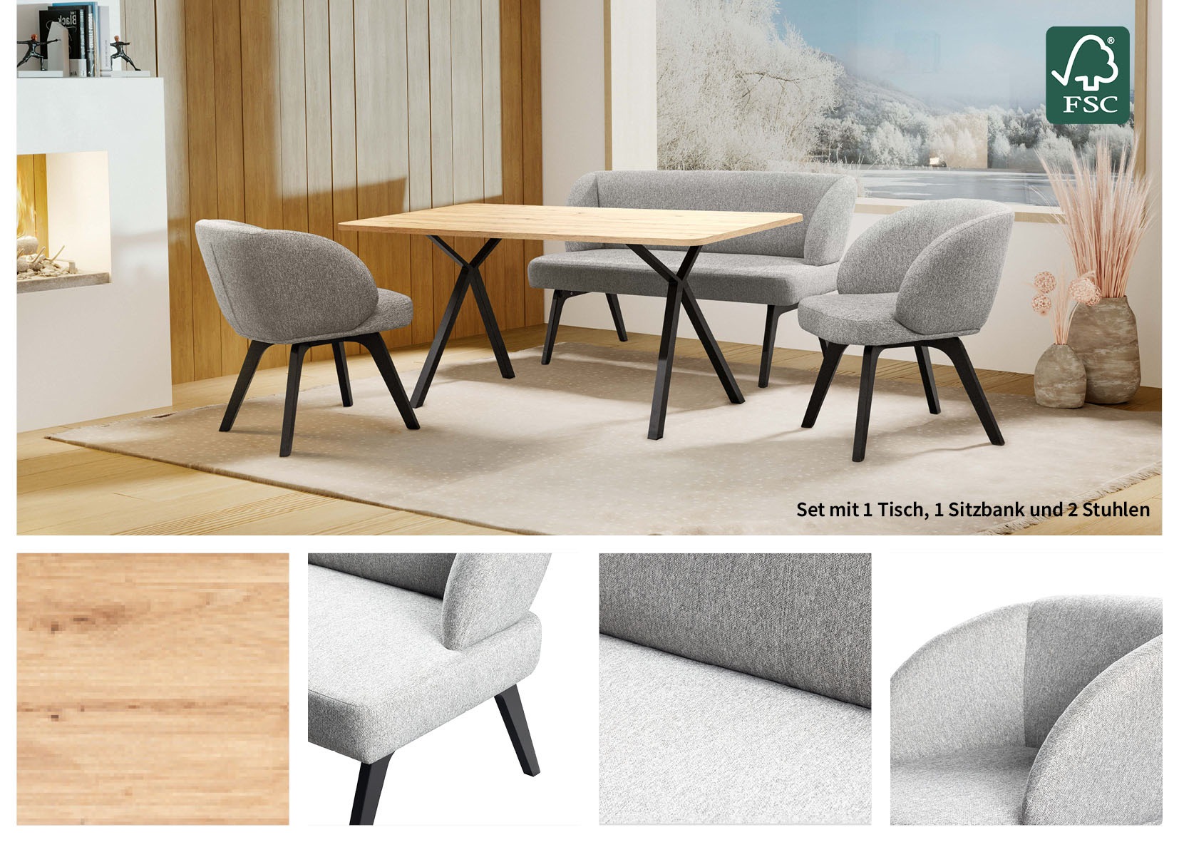 Home affaire Essgruppe »Aretha Esstischbank, Sitzgruppe, Küchenbank, Polsterbank«, (Set, 4 tlg., 4er), Esszimmer Sitzgruppe, Tisch, Stühle und Bank gepolstert, Nosagfederung