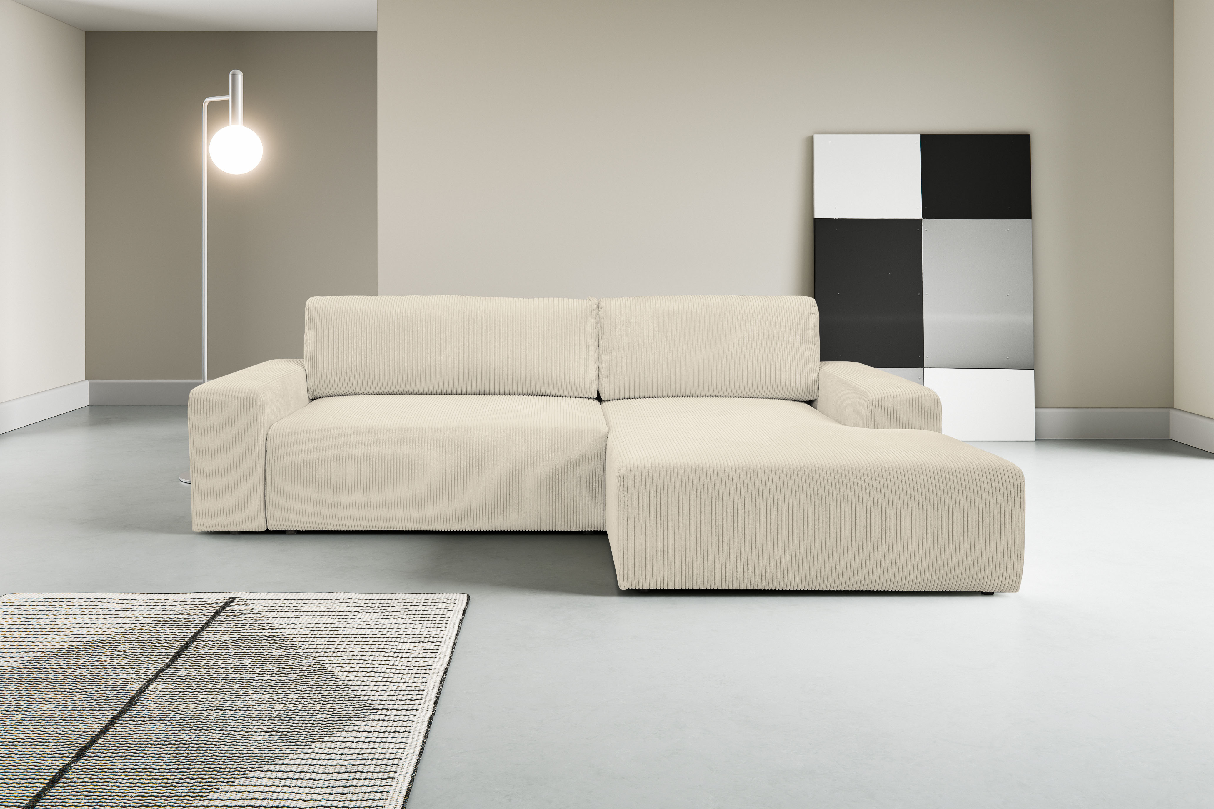 WERK2 Ecksofa "Rotterdam-L 267 x 165 cm modern und bequem" Cord, L-Form, Schlaffunktion, Bettkasten