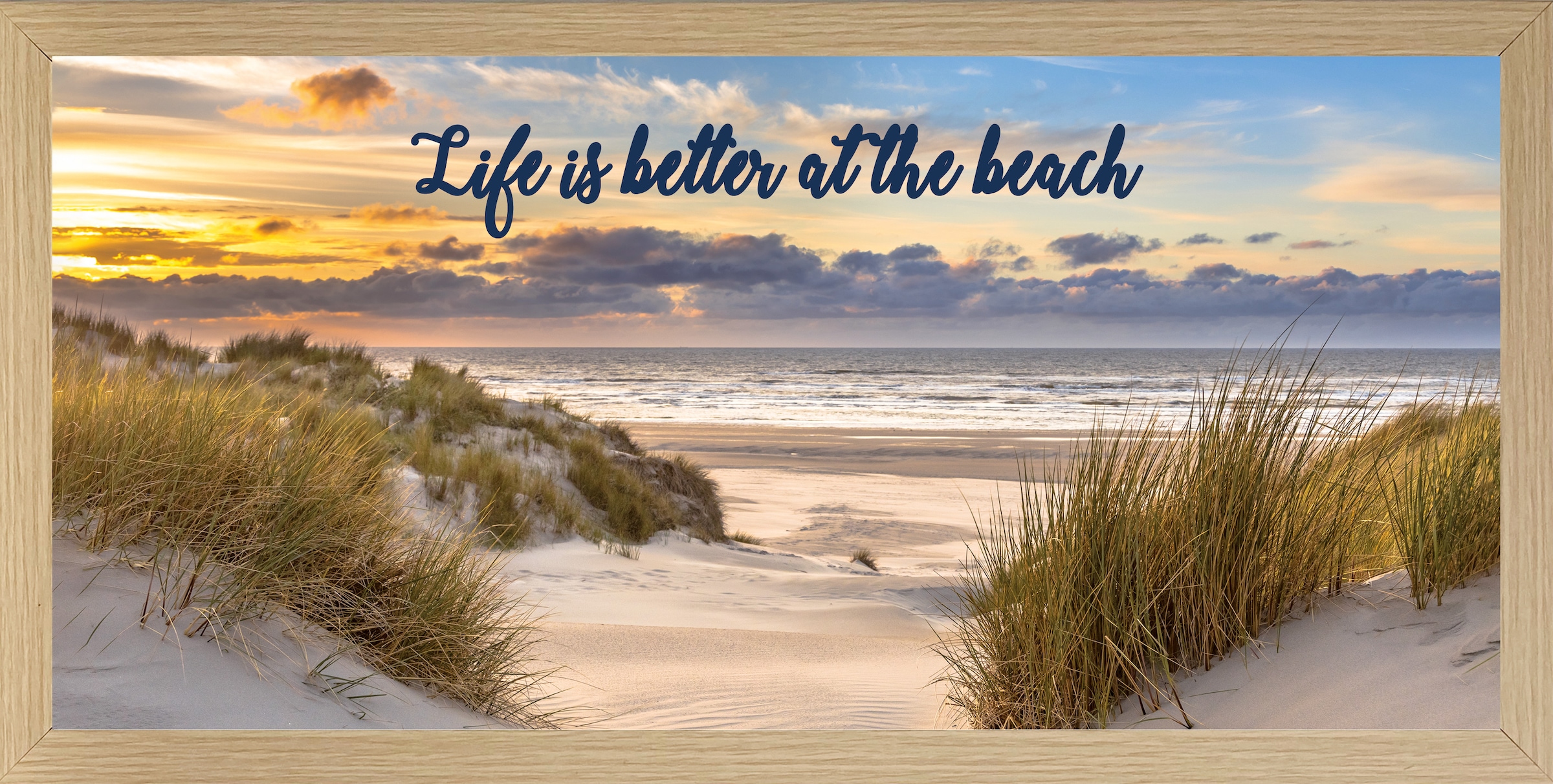 Bönninghoff Bild mit Rahmen "Wandbild gerahmt STRAND MIT SPRUCH 23x49 cm – Natur Wanddeko modern" Sonnenaufgang & -untergang Sonnenuntergang Sprüche Sprüche & Texte Strand Strandbilder 1 Stk. tlg. mit dekorativem Rahmen