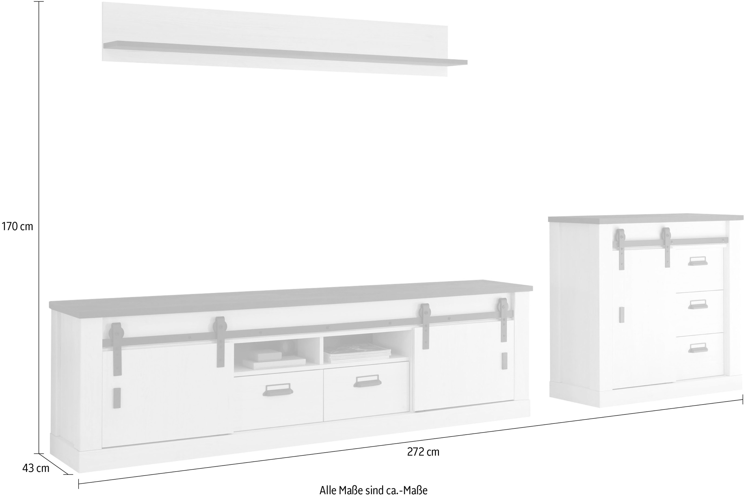 Home affaire Wohnwand »SHERWOOD«, (3 St.), mit Scheunentorbeschlag, Apothekergriffe aus Metall, Breite ca. 272 cm