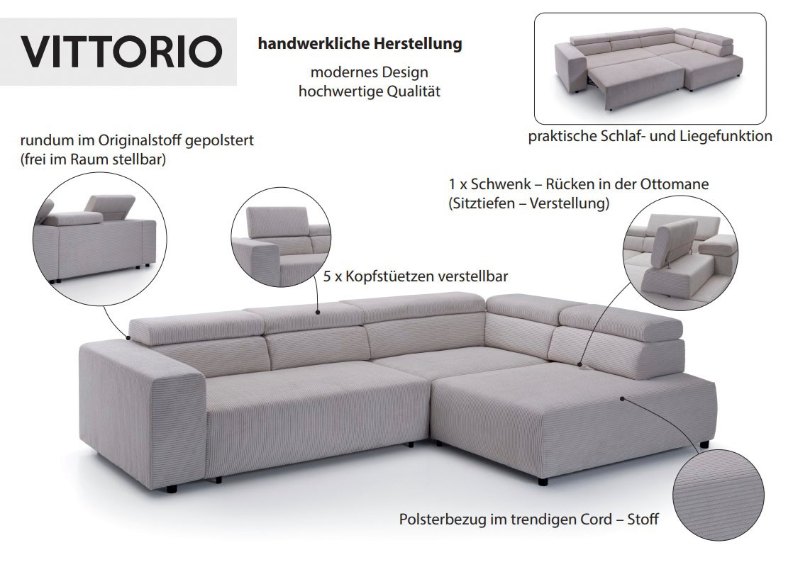 exxpo - sofa fashion Ecksofa »VITTORIO«, inkl. Kopfteil- und Sitztiefenverstellung, wahlweise mit Bettfunktion