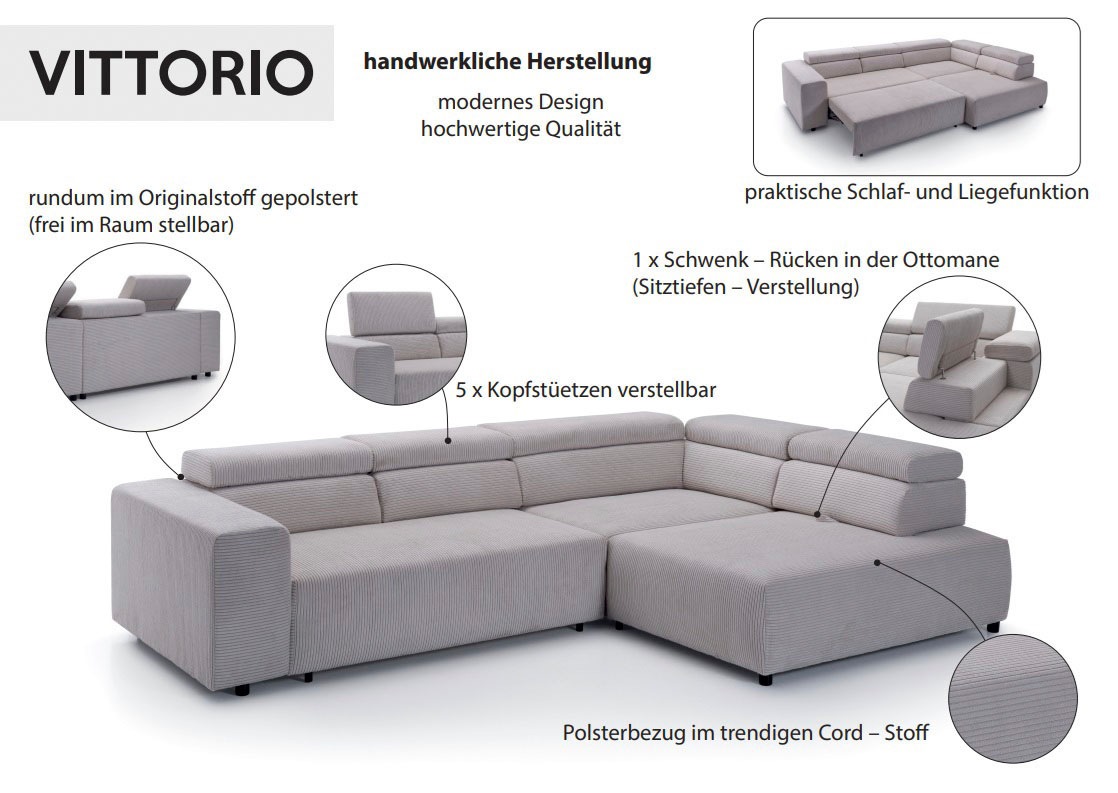 Thumbnail - exxpo - sofa fashion Ecksofa "VITTORIO mit Komfortfunktionen, bequem und modern, Cord, L-Form", inkl. Kopfteil- und Sitz...