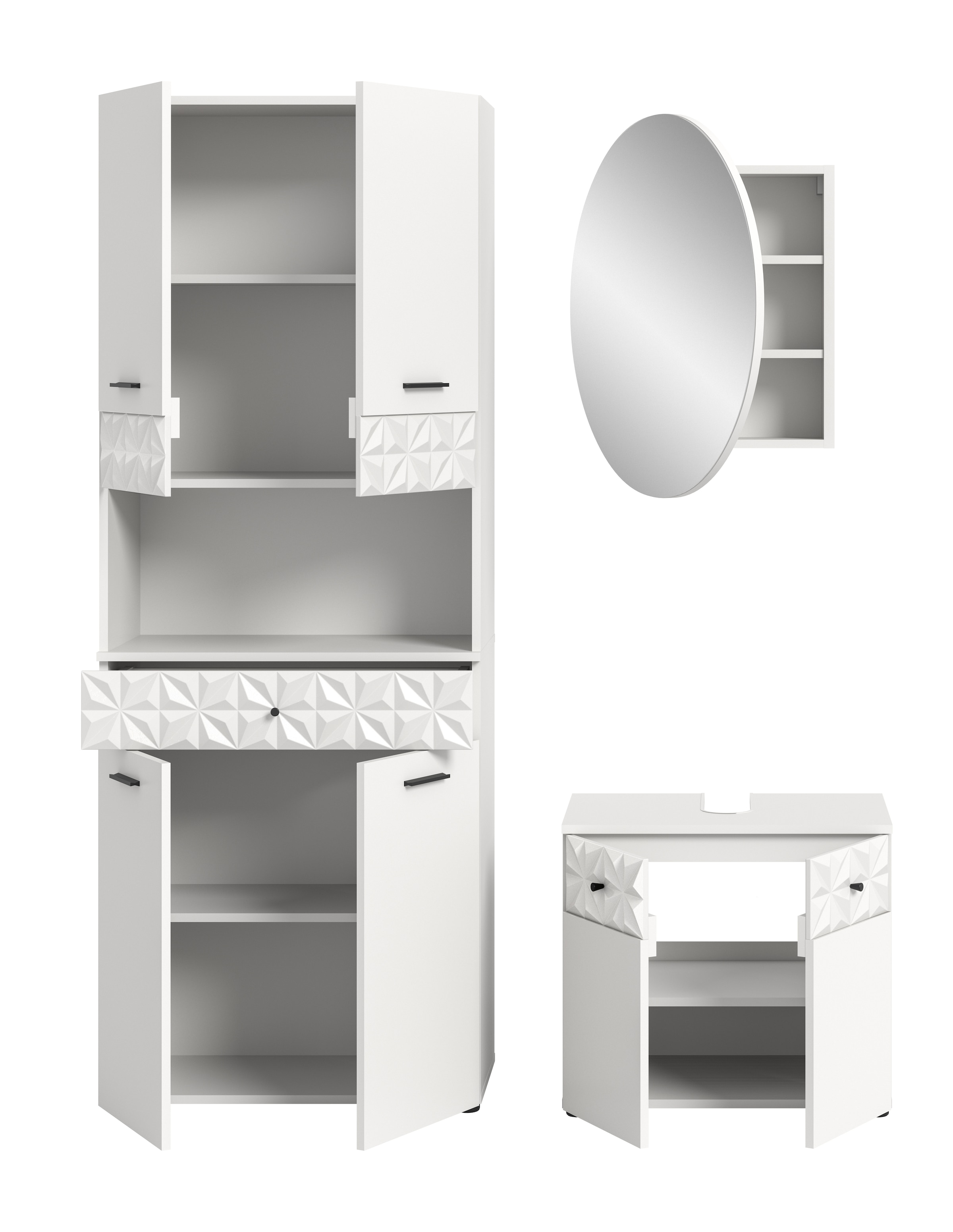 INOSIGN Badezimmer-Set »VICENZA, TOPSELLER!, Breite 145cm, 3-teilig, mit Ornamentabsetzung«, (best. aus: Hochschrank, Waschbeckenunterschrank und Spiegelschrank), Hochschrank, Waschbeckenunterschrank und Spiegelschrank