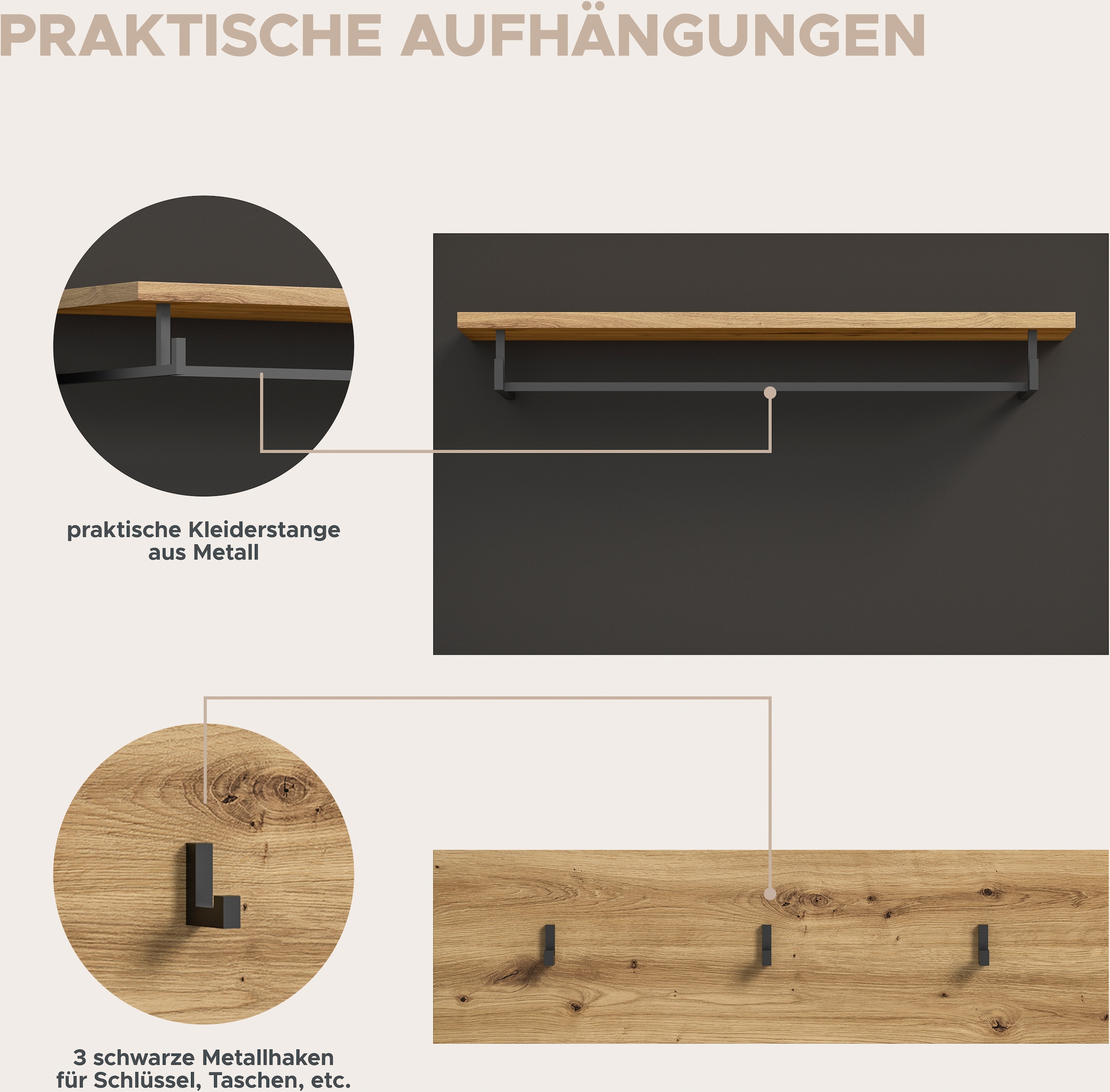 INOSIGN Garderoben-Set »Garderobenkombination Rehat, Breite 255cm,in Basalt grau/Artisan Eiche«, (6 St.), Flurmöbel, Dielenmöbel, Kombination, Diele, Garderobe, Garderobenmöbel